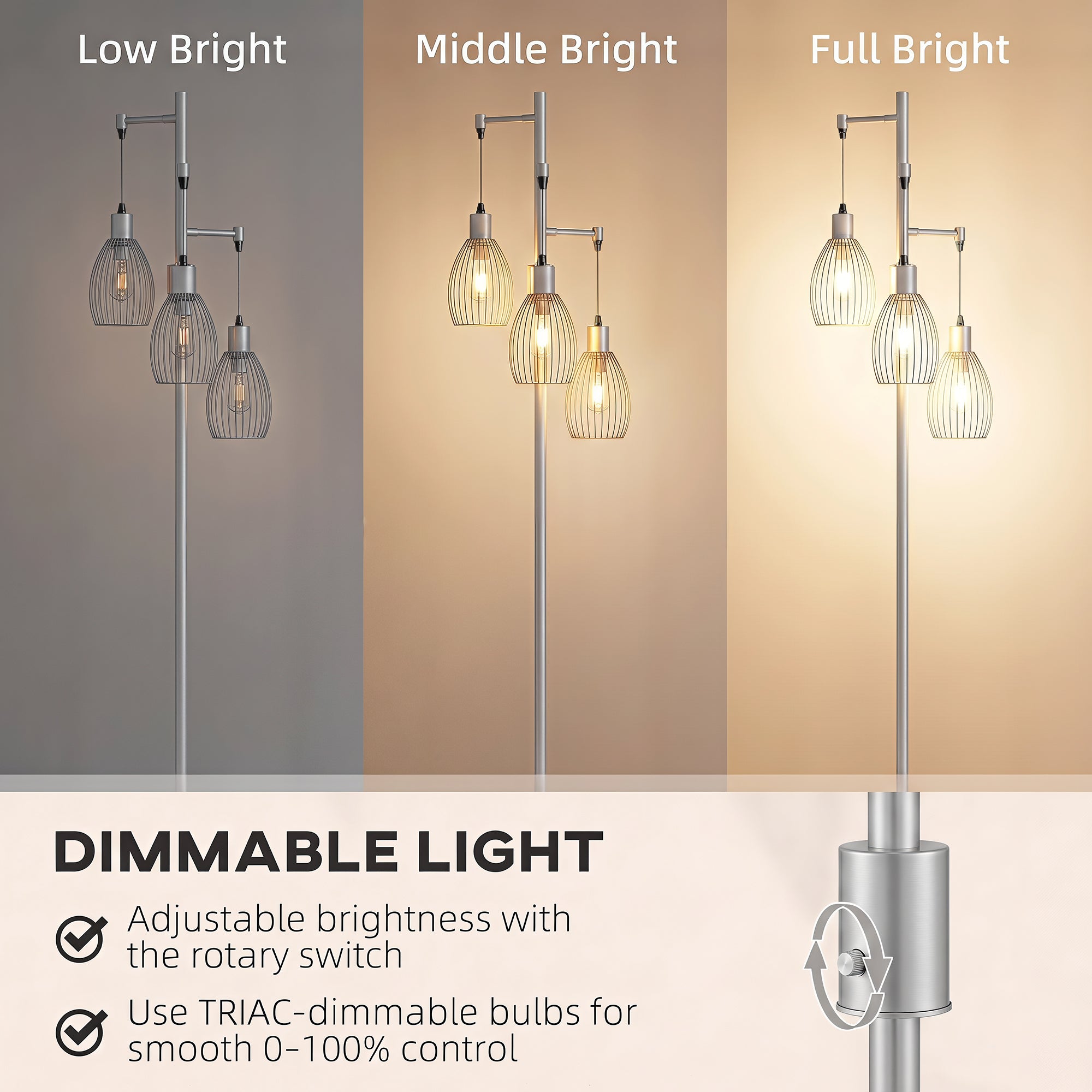 3-Light LED Floor Lamp, 170cm Industrial Dimmable Standing Lamp with Steel Wire Cage Lampshades, 2700K for Living Room, Bedroom, Dining Room, Study, Silver Tone