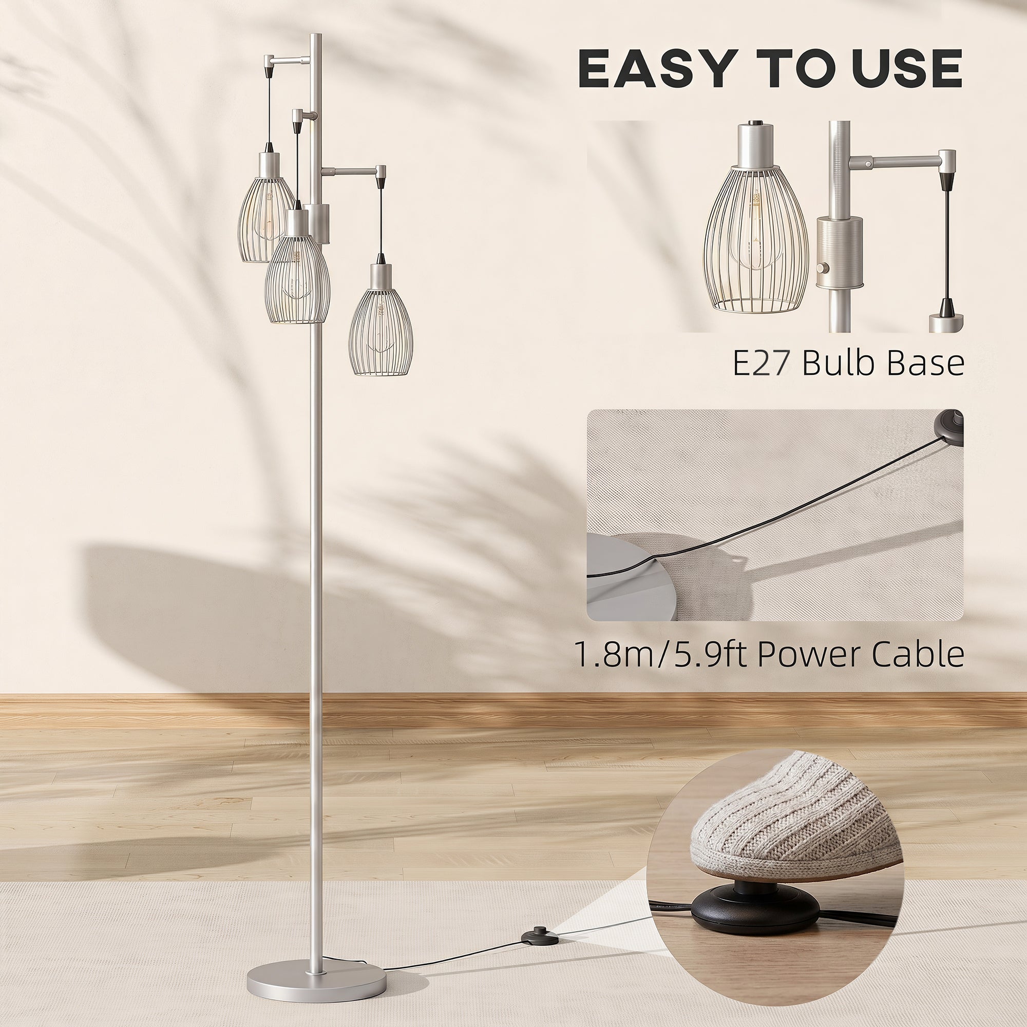 3-Light LED Floor Lamp, 170cm Industrial Dimmable Standing Lamp with Steel Wire Cage Lampshades, 2700K for Living Room, Bedroom, Dining Room, Study, Silver Tone