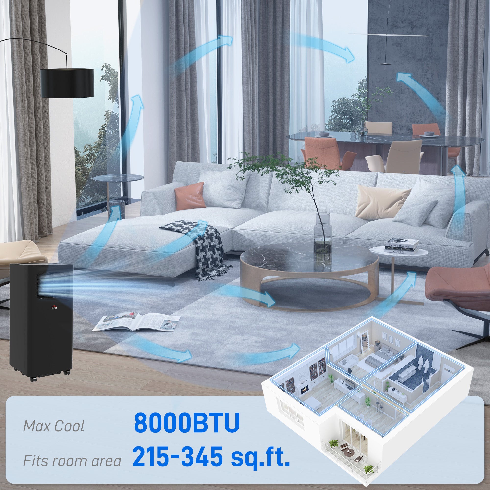 8000 BTU Mobile Air Conditioner, 345 Sq. Ft., AC Unit with Dehumidifier, Sleep, 24H Timer On/Off, Window Kit, Black - HOMCOM