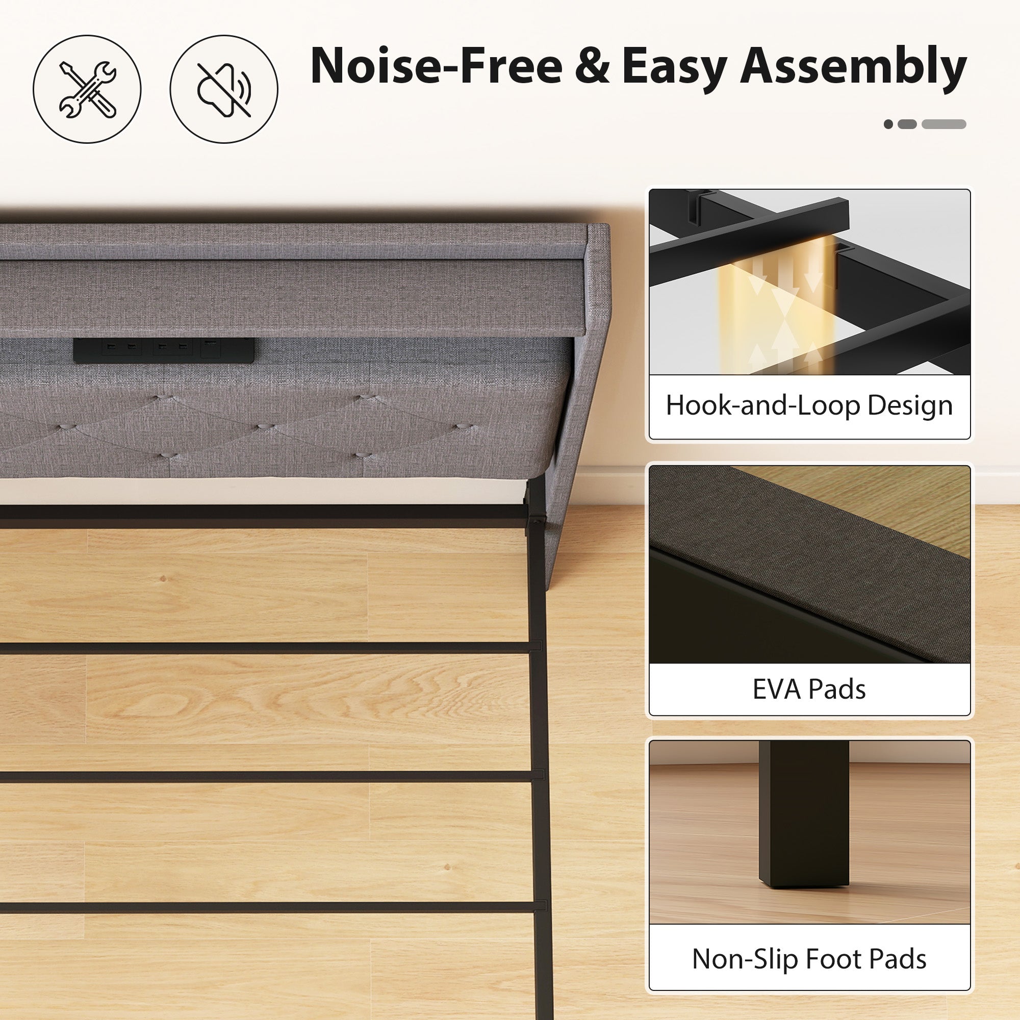3ft Single Size Bed Frame, Floating Bed Frame with Music Sync RGB LED Lights and Charging Station, Upholstered Headboard with Storage Shelves, No Box Spring Needed, Noise Free, Grey