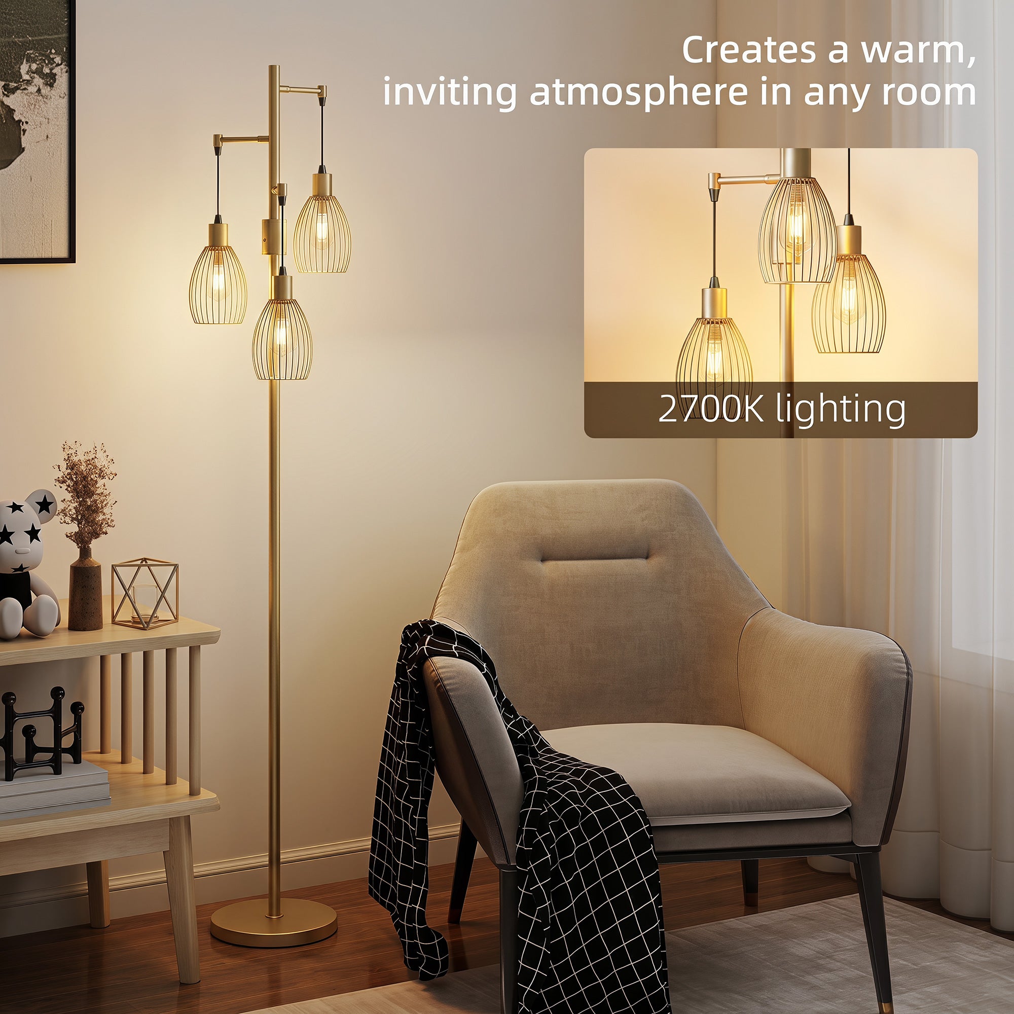3-Light LED Floor Lamp, 170cm Industrial Dimmable Standing Lamp with Steel Wire Cage Lampshades, 2700K for Living Room, Bedroom, Dining Room, Study, Gold Tone