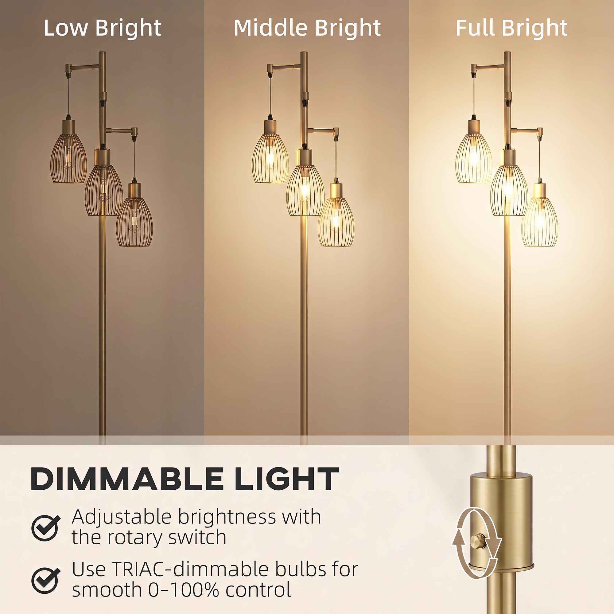 3-Light LED Floor Lamp, 170cm Industrial Dimmable Standing Lamp with Steel Wire Cage Lampshades, 2700K for Living Room, Bedroom, Dining Room, Study, Gold Tone