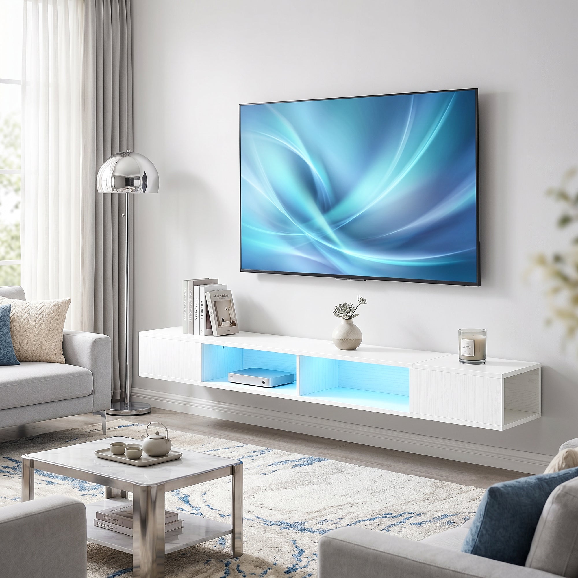 TV Stand for TVs up to 75 Inch, Modern Entertainment Center with RGB LED Lights, Floating Wall-Mounted Media Console with Open Shelves for Living Room, White Wood Grain