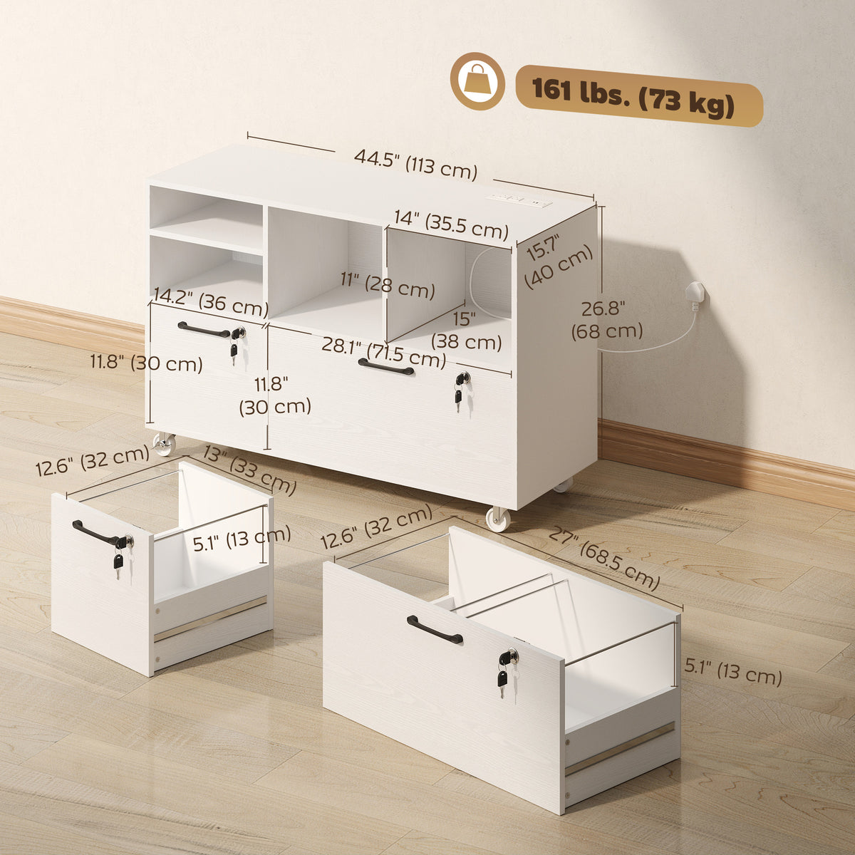 File Cabinet, 2 Drawer Mobile Lateral Filing Cabinet with Lock, Charging Station, Printer Stand with Shelves, Hanging Bars, Fits A4/Letter/Legal Size for Home Office, White