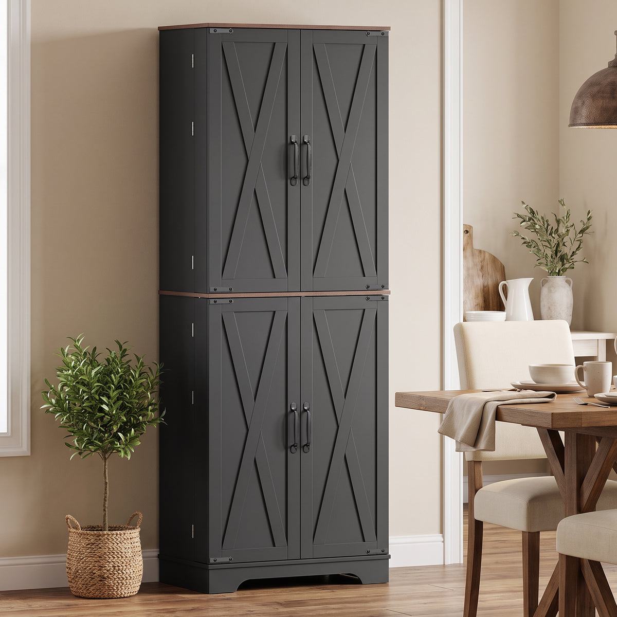 65" Tall Kitchen Pantry Cabinet, Adjustable Shelves, Farmhouse Storage Cabinet with 8 Shelves and 16 Door Racks, Freestanding Food Pantry, Barn Doors, Brown Black