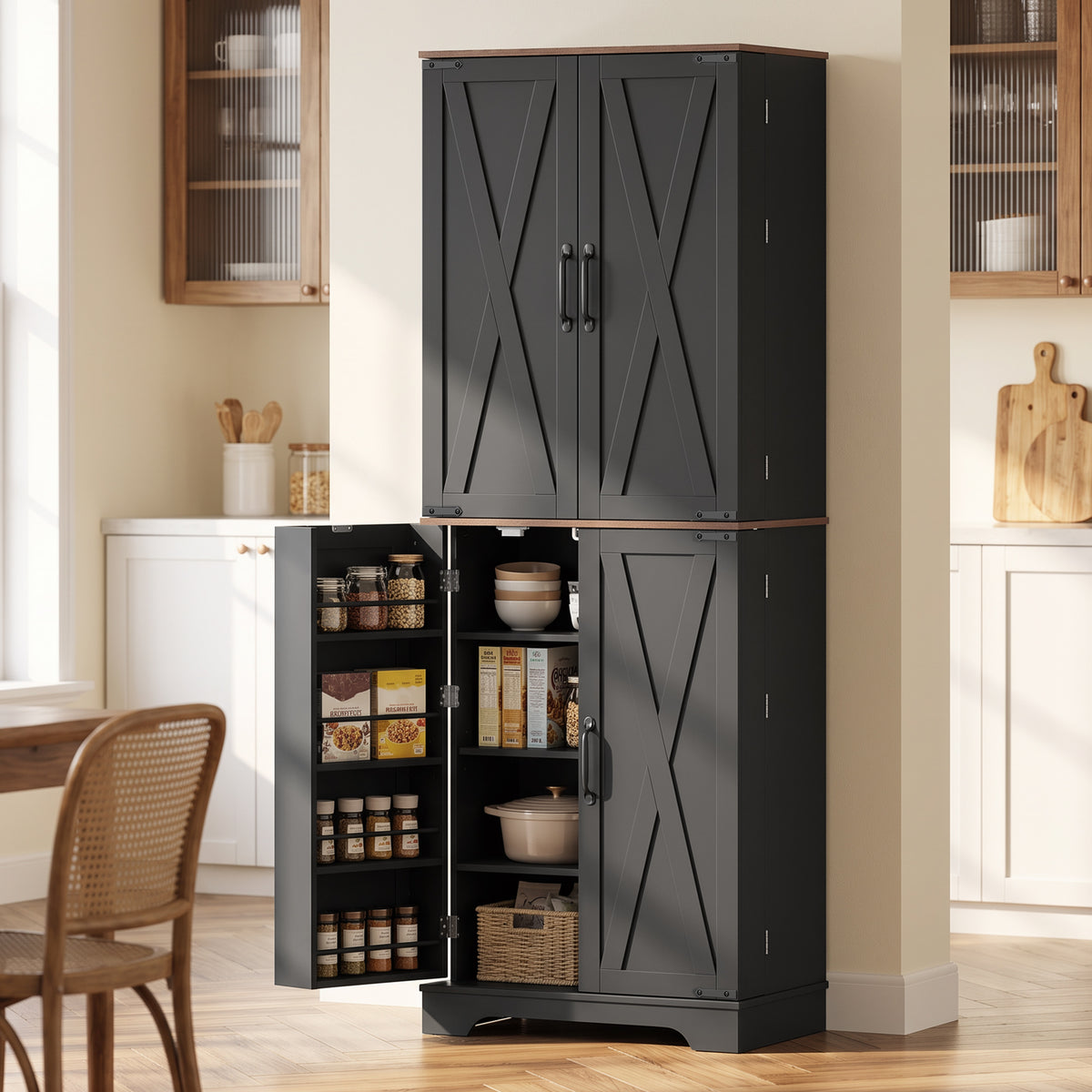 65" Tall Kitchen Pantry Cabinet, Adjustable Shelves, Farmhouse Storage Cabinet with 8 Shelves and 16 Door Racks, Freestanding Food Pantry, Barn Doors, Brown Black