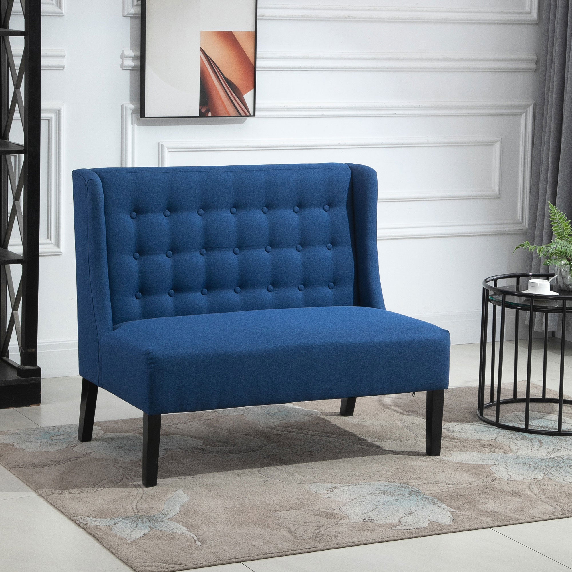 Wingback Double Sofa Linen Fabric Upholstery Button Tufted Loveseat Armless Couch Modern Contemporary Living Room Settee with Wood Legs, Blue