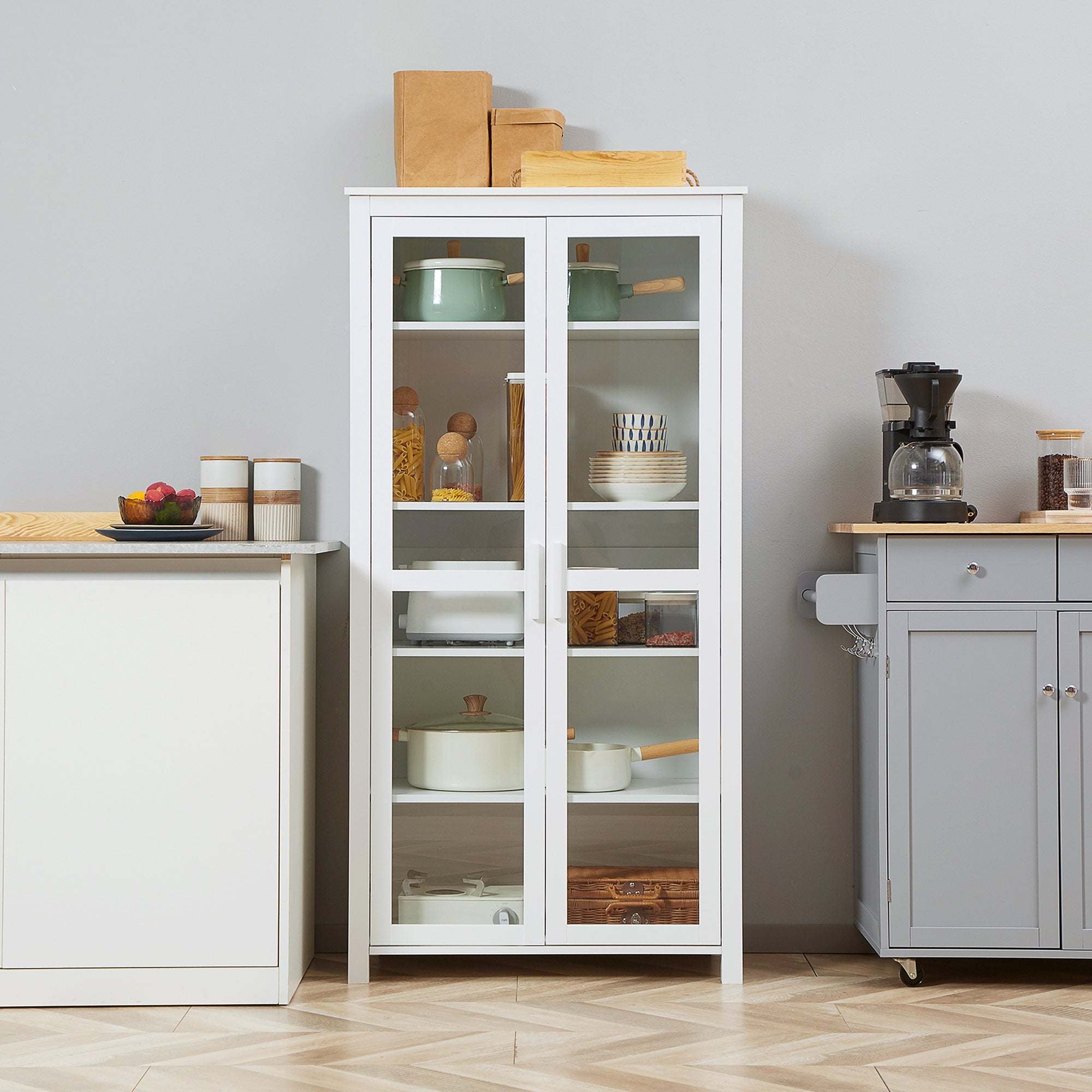 63" Freestanding Kitchen Pantry Cabinet, Display Cabinet with 2 Glass Doors, White