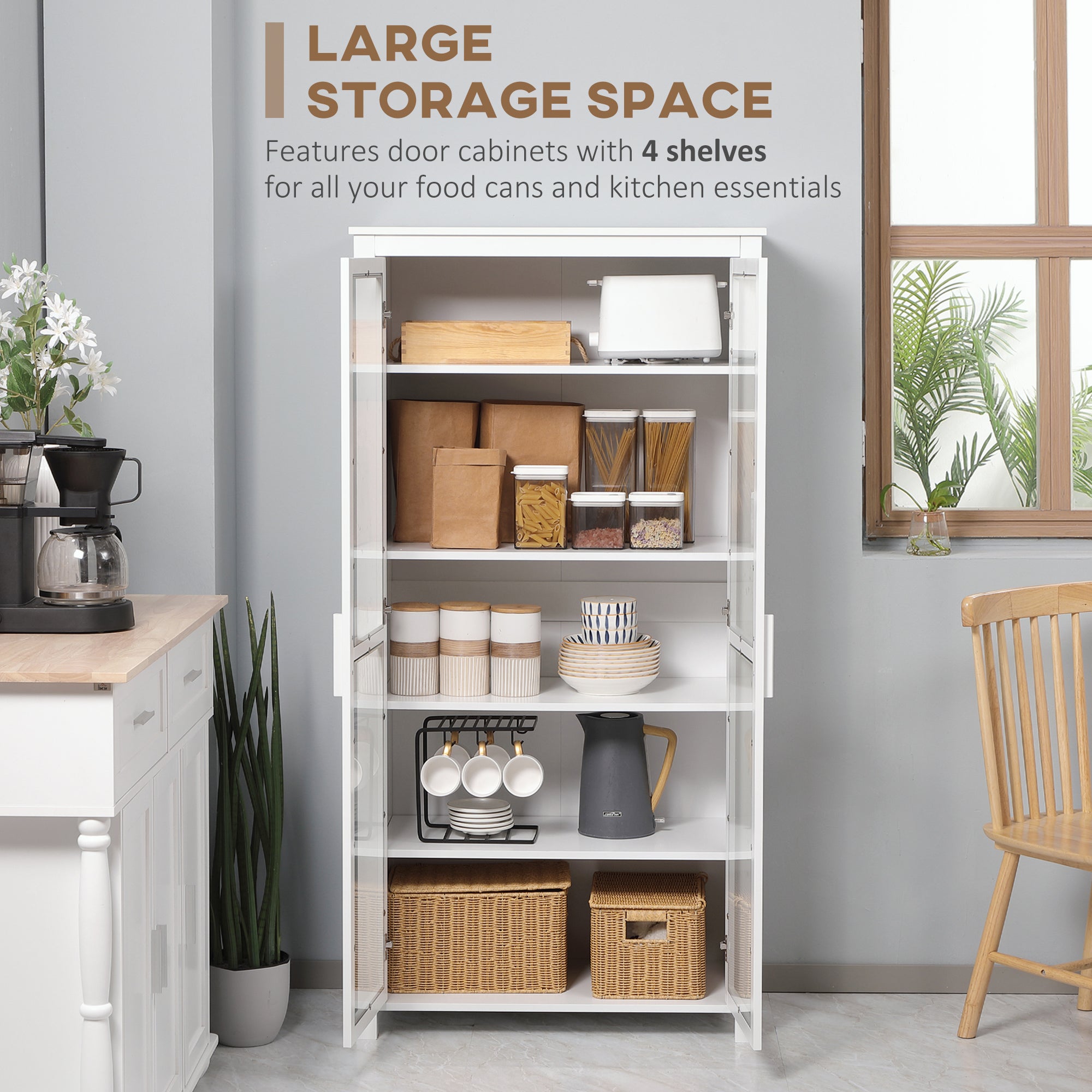 63" Freestanding Kitchen Pantry Cabinet, Display Cabinet with 2 Glass Doors, White