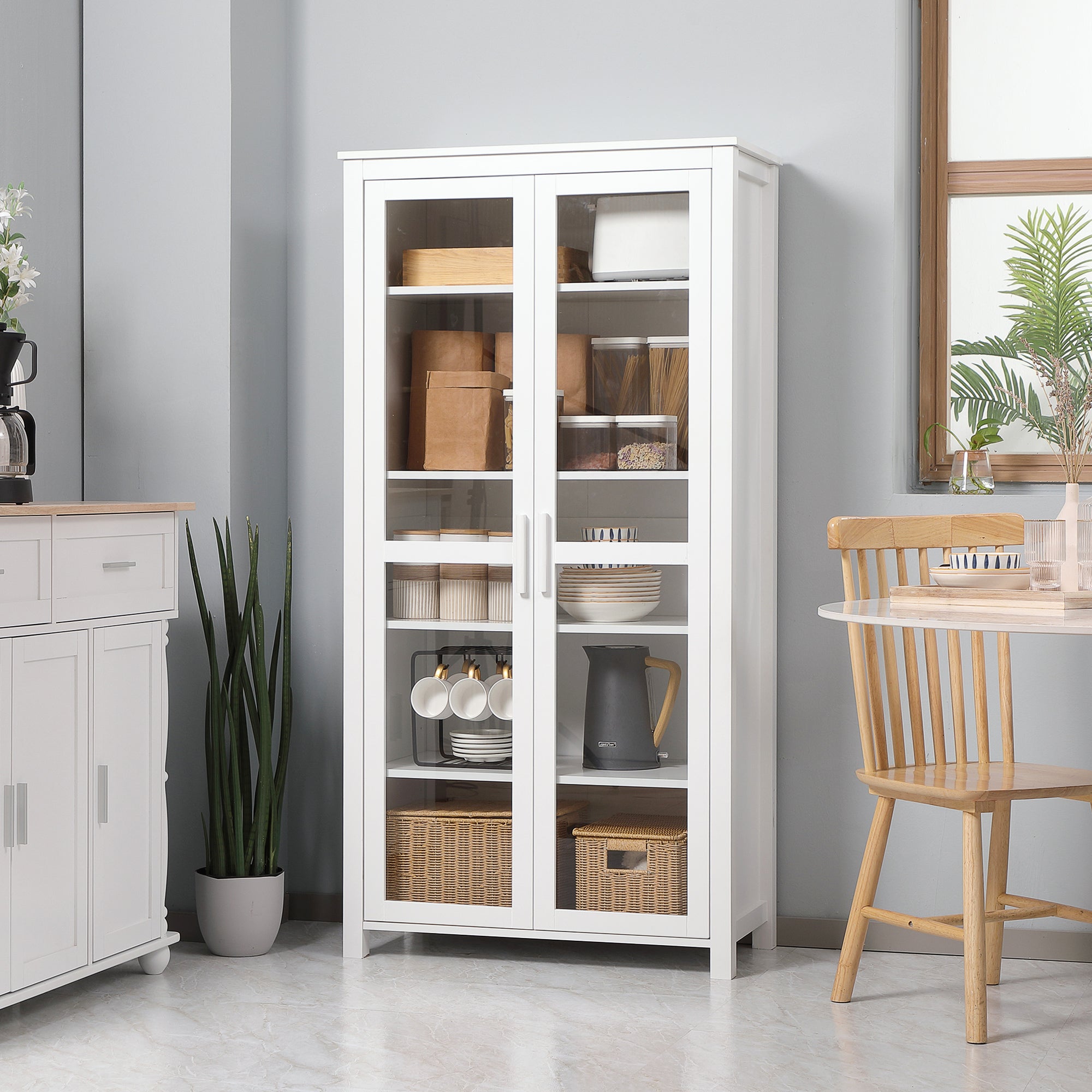 63" Freestanding Kitchen Pantry Cabinet, Display Cabinet with 2 Glass Doors, White