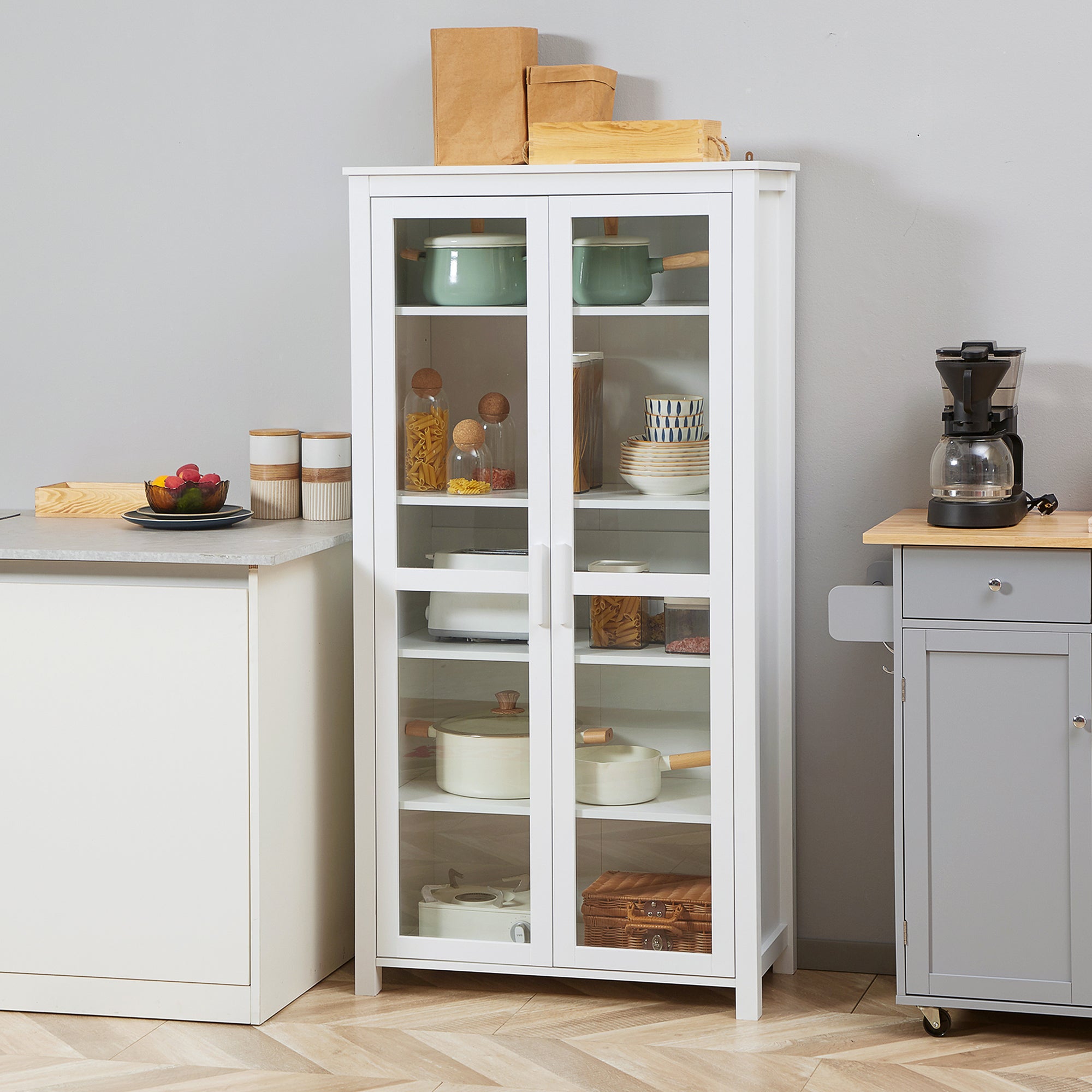 63" Freestanding Kitchen Pantry Cabinet, Display Cabinet with 2 Glass Doors, White