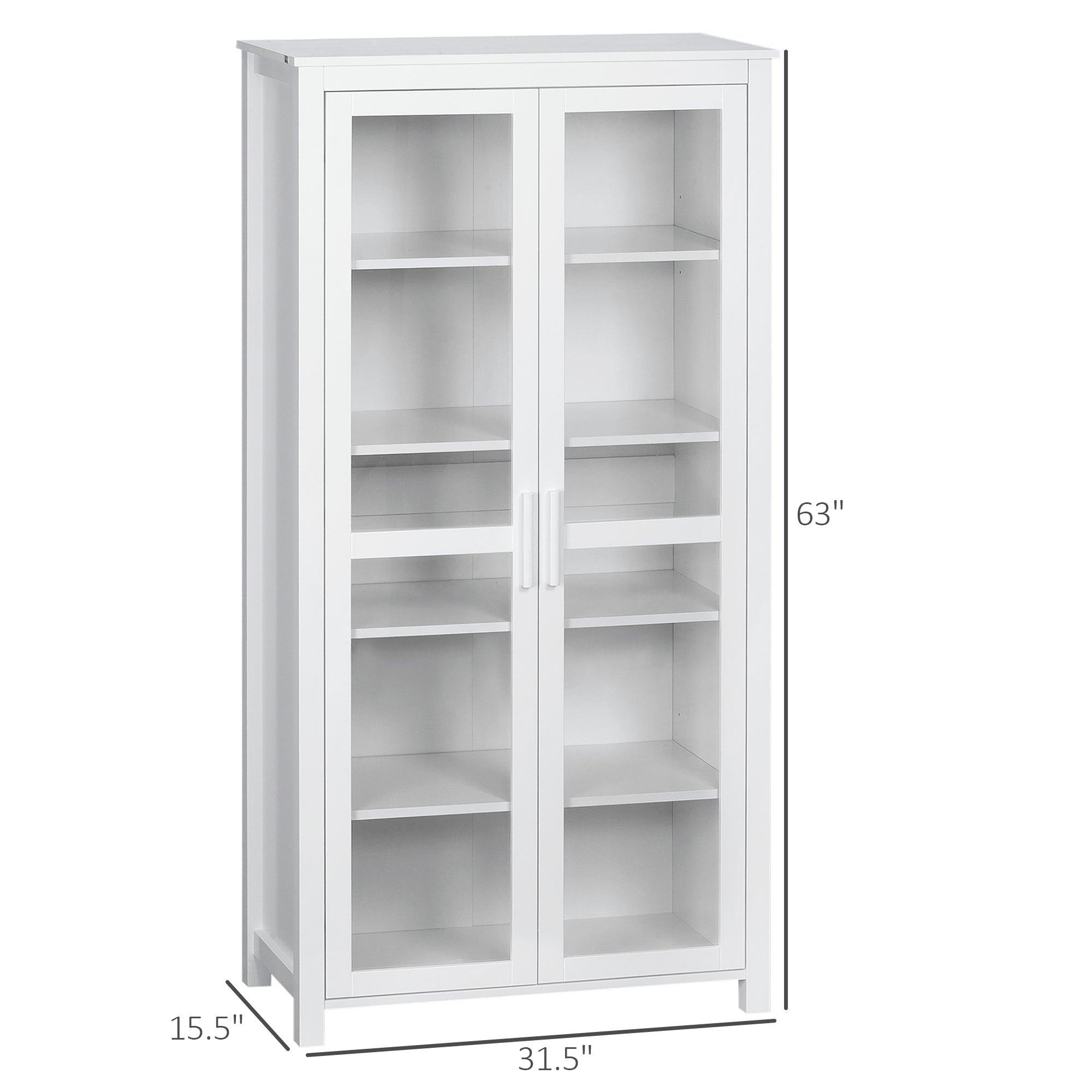 63" Freestanding Kitchen Pantry Cabinet, Display Cabinet with 2 Glass Doors, White