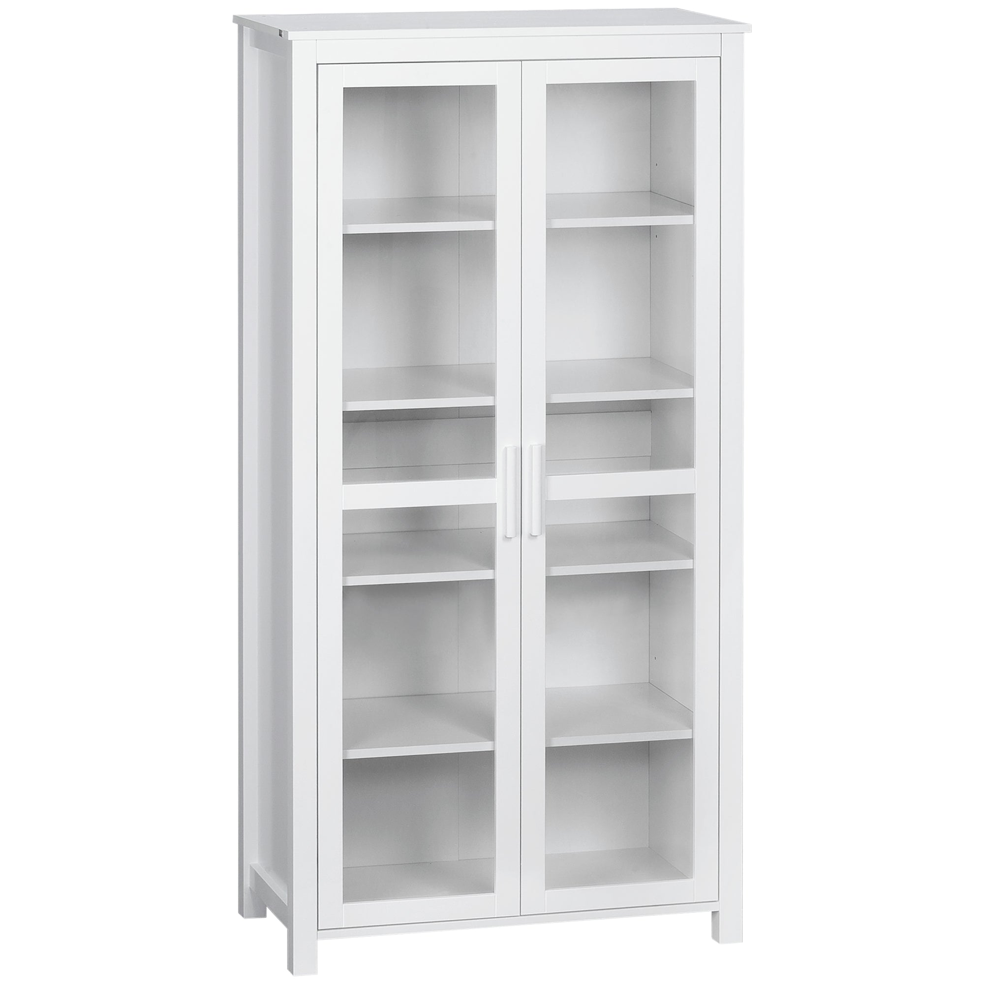 63" Freestanding Kitchen Pantry Cabinet, Display Cabinet with 2 Glass Doors, White