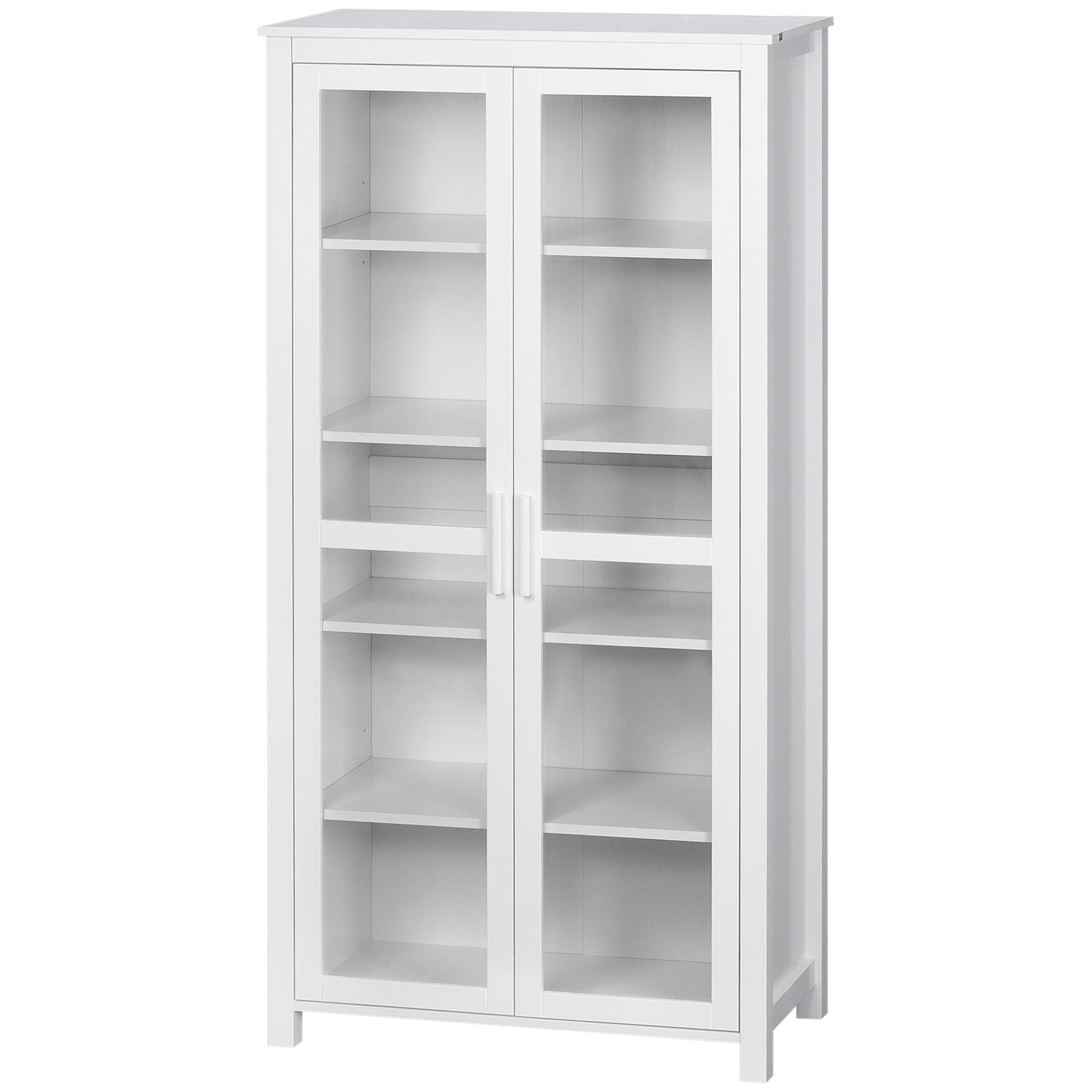63" Freestanding Kitchen Pantry Cabinet, Display Cabinet with 2 Glass Doors, White