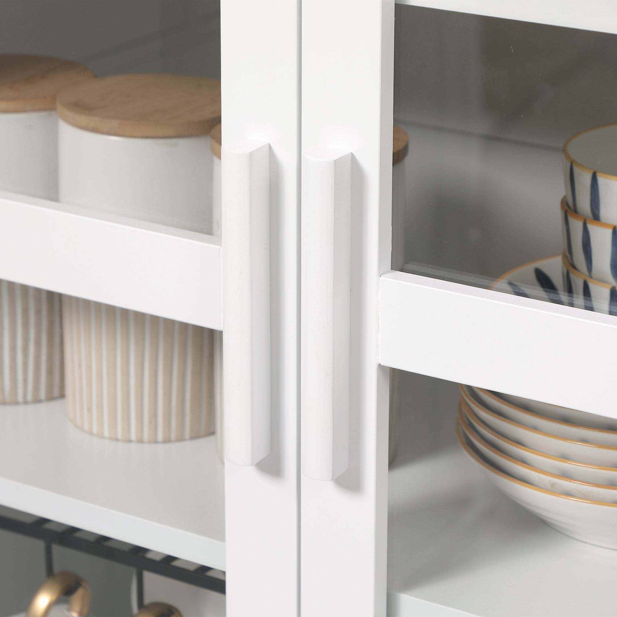 63" Freestanding Kitchen Pantry Cabinet, Display Cabinet with 2 Glass Doors, White