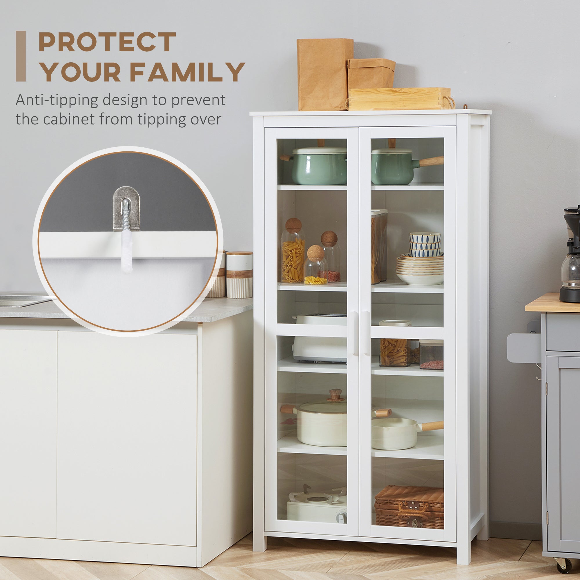 63" Freestanding Kitchen Pantry Cabinet, Display Cabinet with 2 Glass Doors, White
