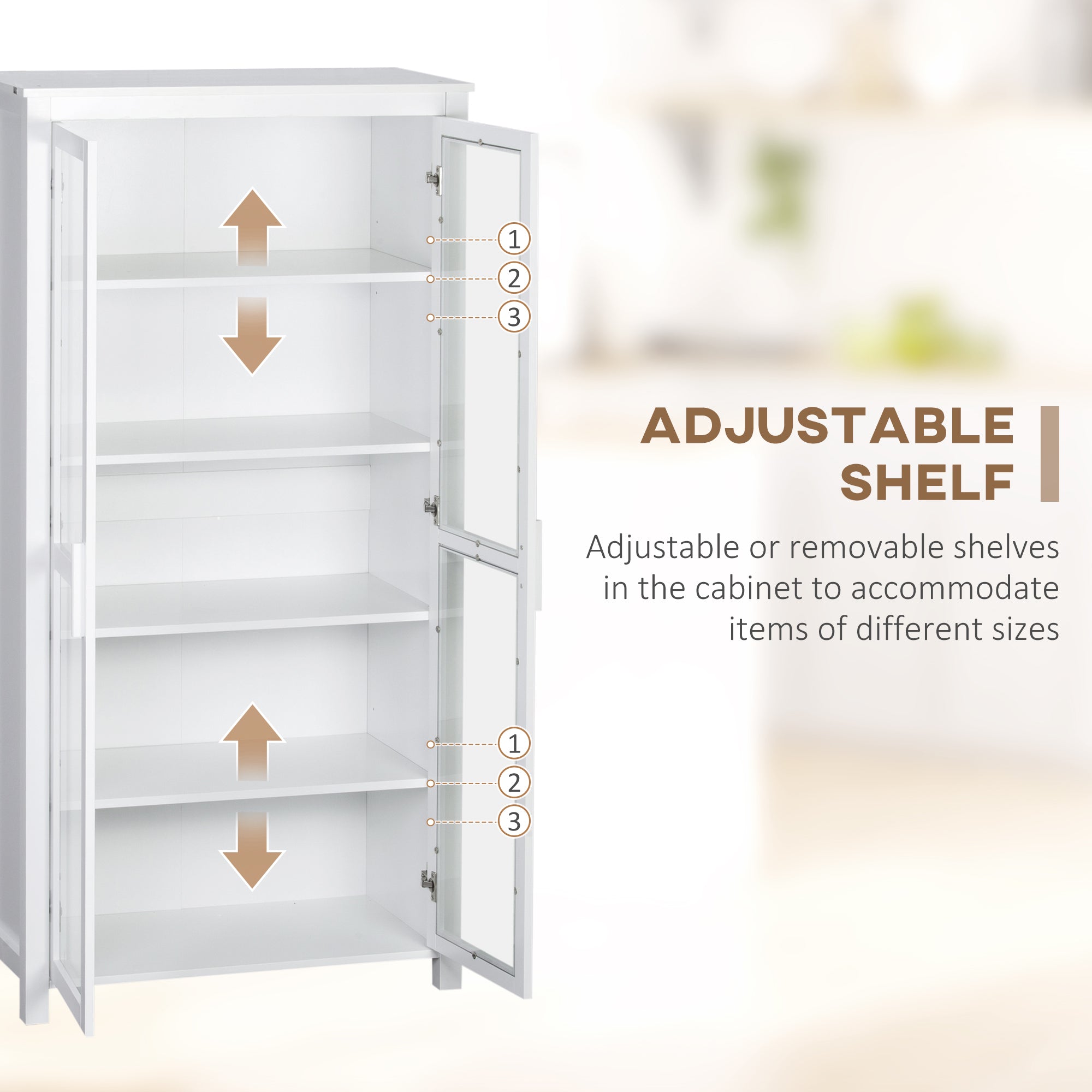 63" Freestanding Kitchen Pantry Cabinet, Display Cabinet with 2 Glass Doors, White