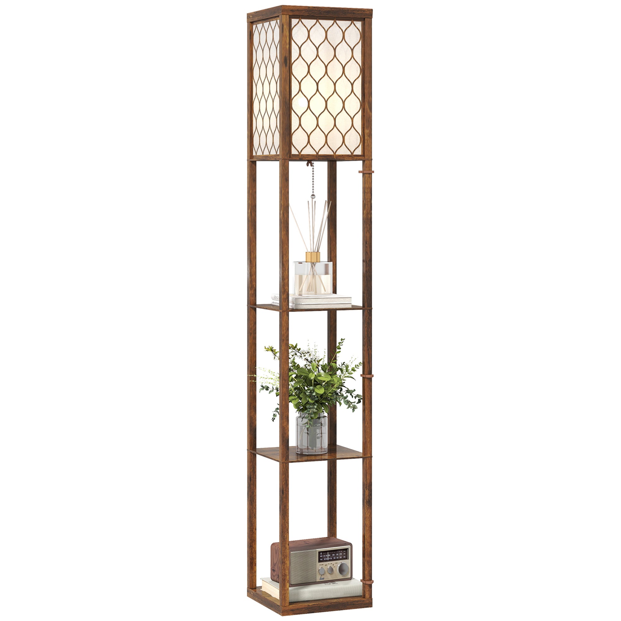 Floor Lamp with Shelves, Single Light, Modern Tall Standing Lamps for Living Room, Bedroom, with Chain Switch, Bulb not Included, Rustic Brown