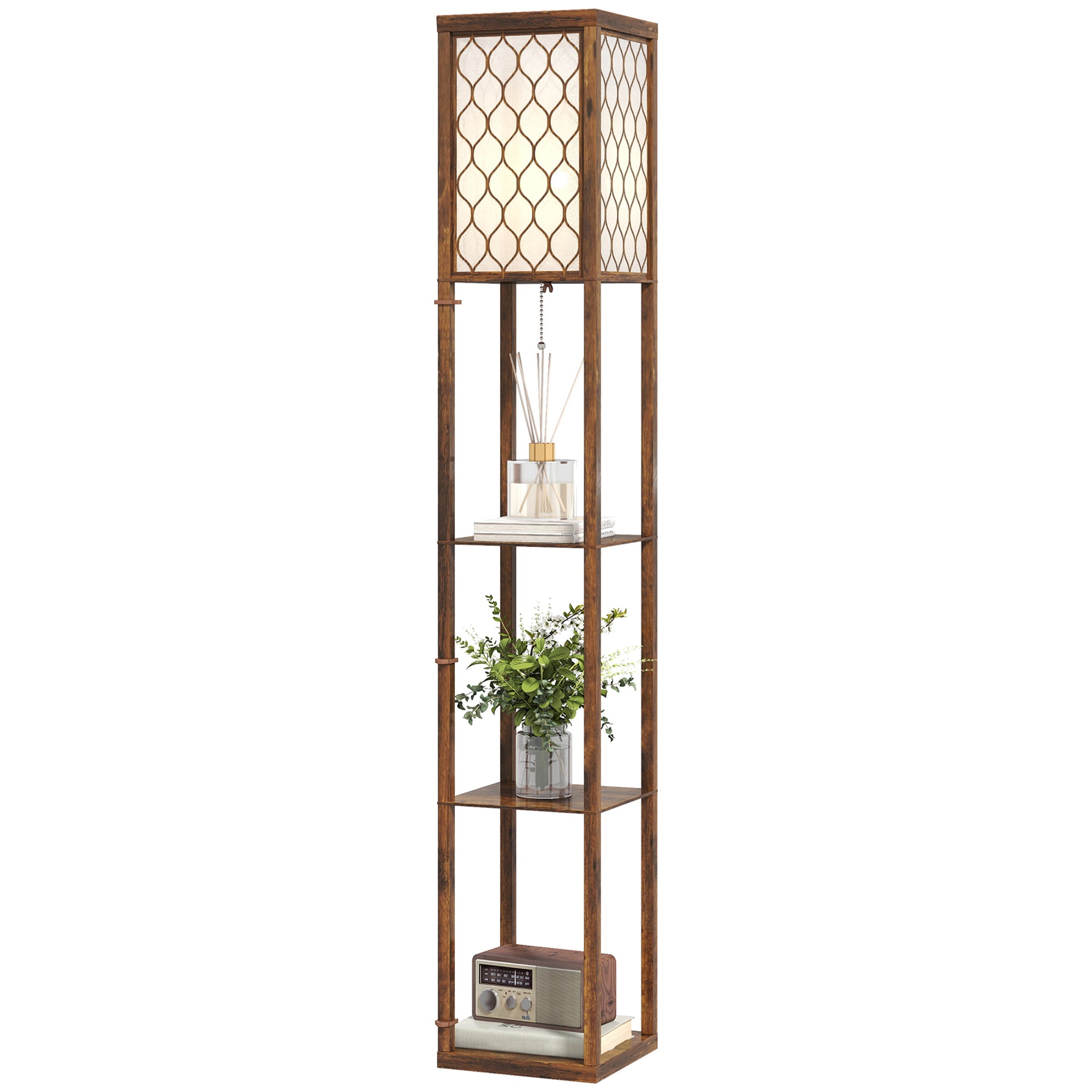 Floor Lamp with Shelves, Single Light, Modern Tall Standing Lamps for Living Room, Bedroom, with Chain Switch, Bulb not Included, Rustic Brown