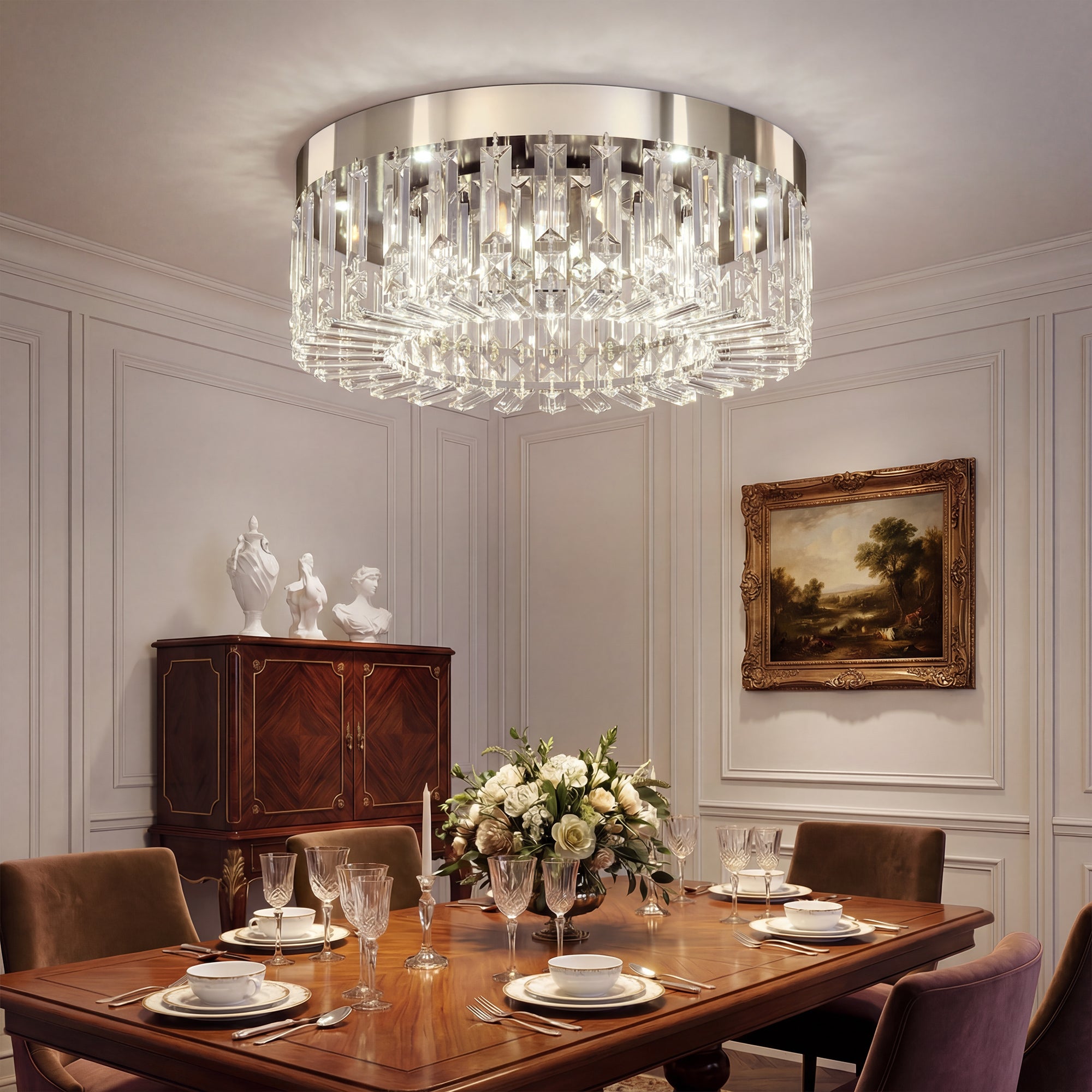 Crystal Chandeliers Ceiling Light with 160 Crystal Pendants, Modern 6-Light Flush Mount Ceiling Light for Living Room, Bedroom, Dining Room, Hall, Silver Tone