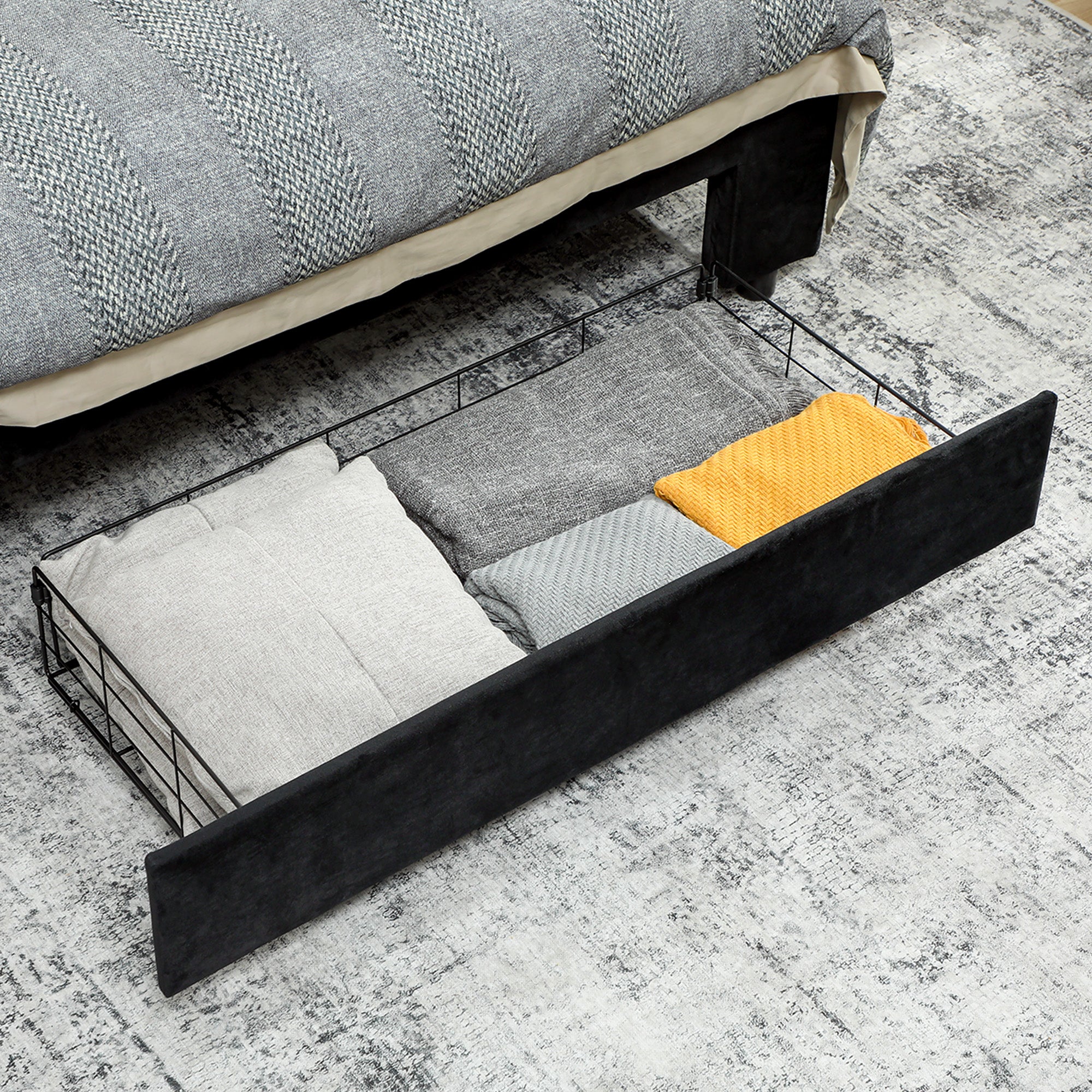 King Size Ottoman Bed Frame, 5ft Gas Lift Storage Bed with 2-Level Adjustable Velvet Upholstered Headboard, Wheeled Drawer and Wooden Slats, No Mattress, Black