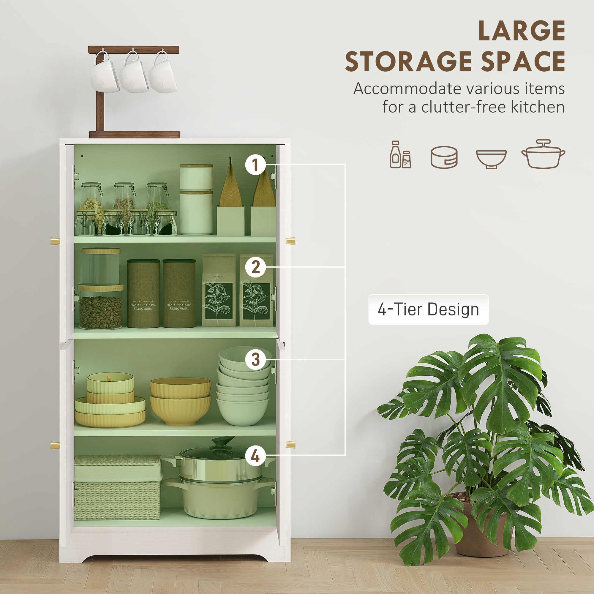 110cm Kitchen Cupboard, Freestanding Kitchen Storage Cabinet with 4 Arched Doors and 2 Adjustable Shelves, Modern Pantry Cupboard for Dining Room, White