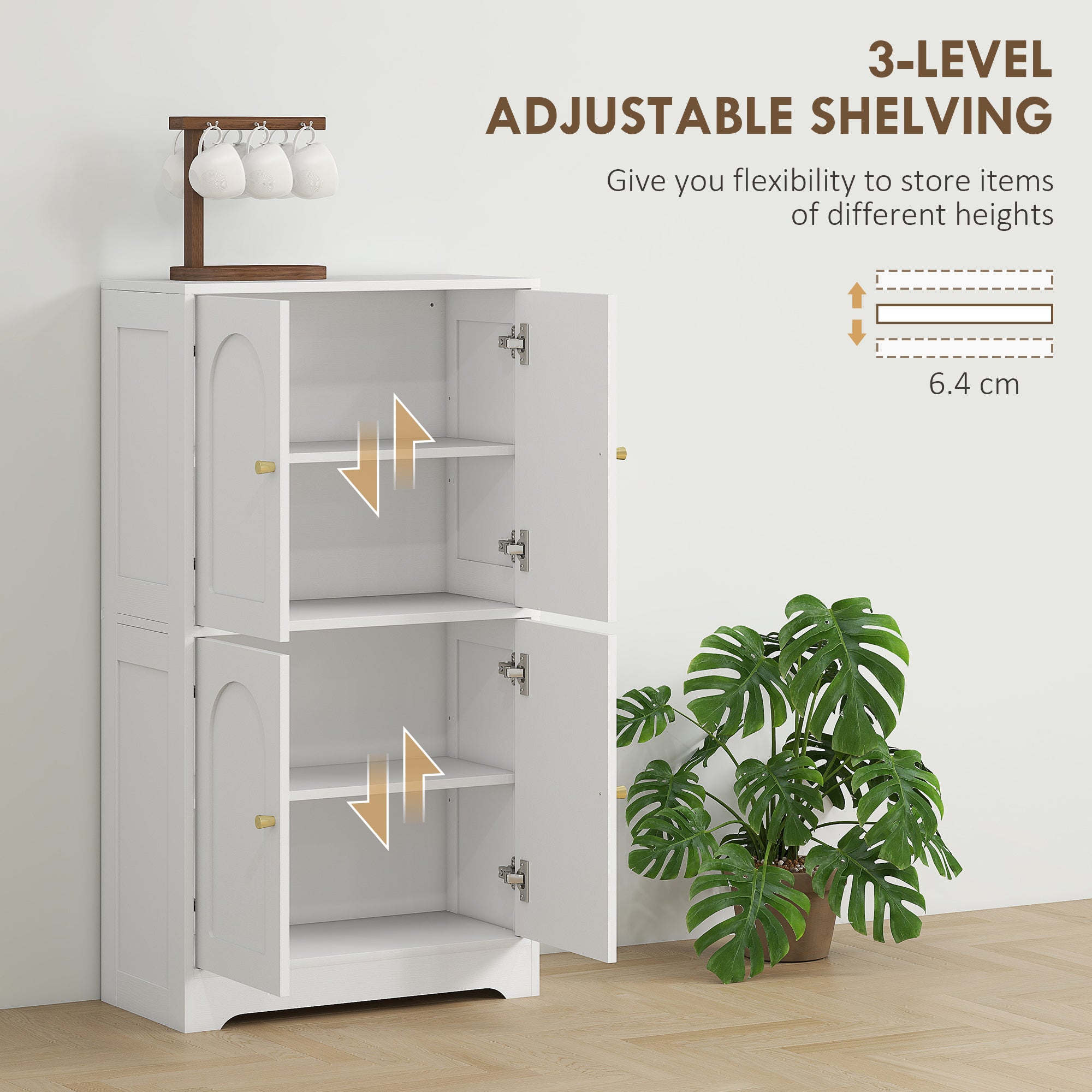110cm Kitchen Cupboard, Freestanding Kitchen Storage Cabinet with 4 Arched Doors and 2 Adjustable Shelves, Modern Pantry Cupboard for Dining Room, White