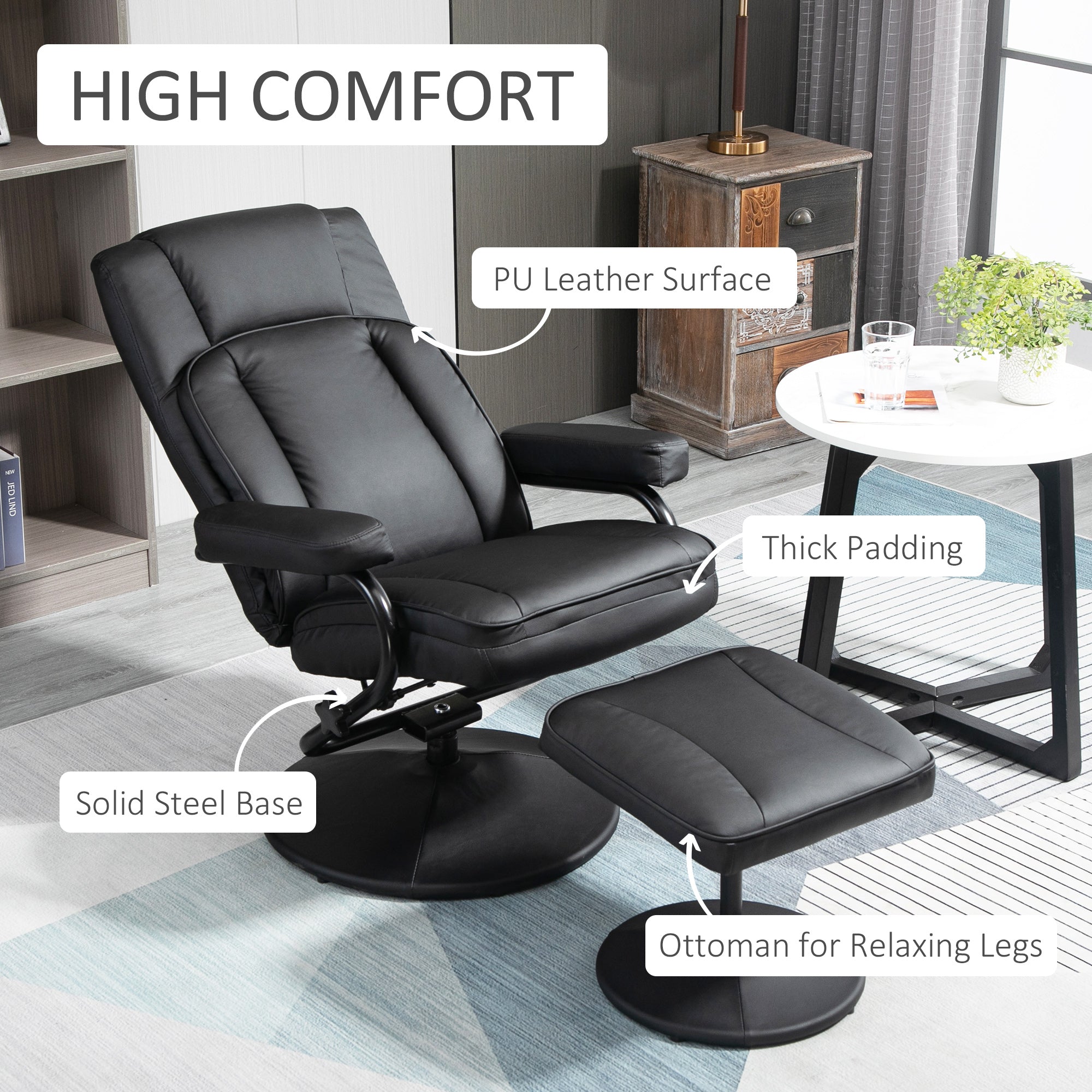 Swivel Recliner Manual PU Leather Armchair with Ottoman Footrest for Living Room Black