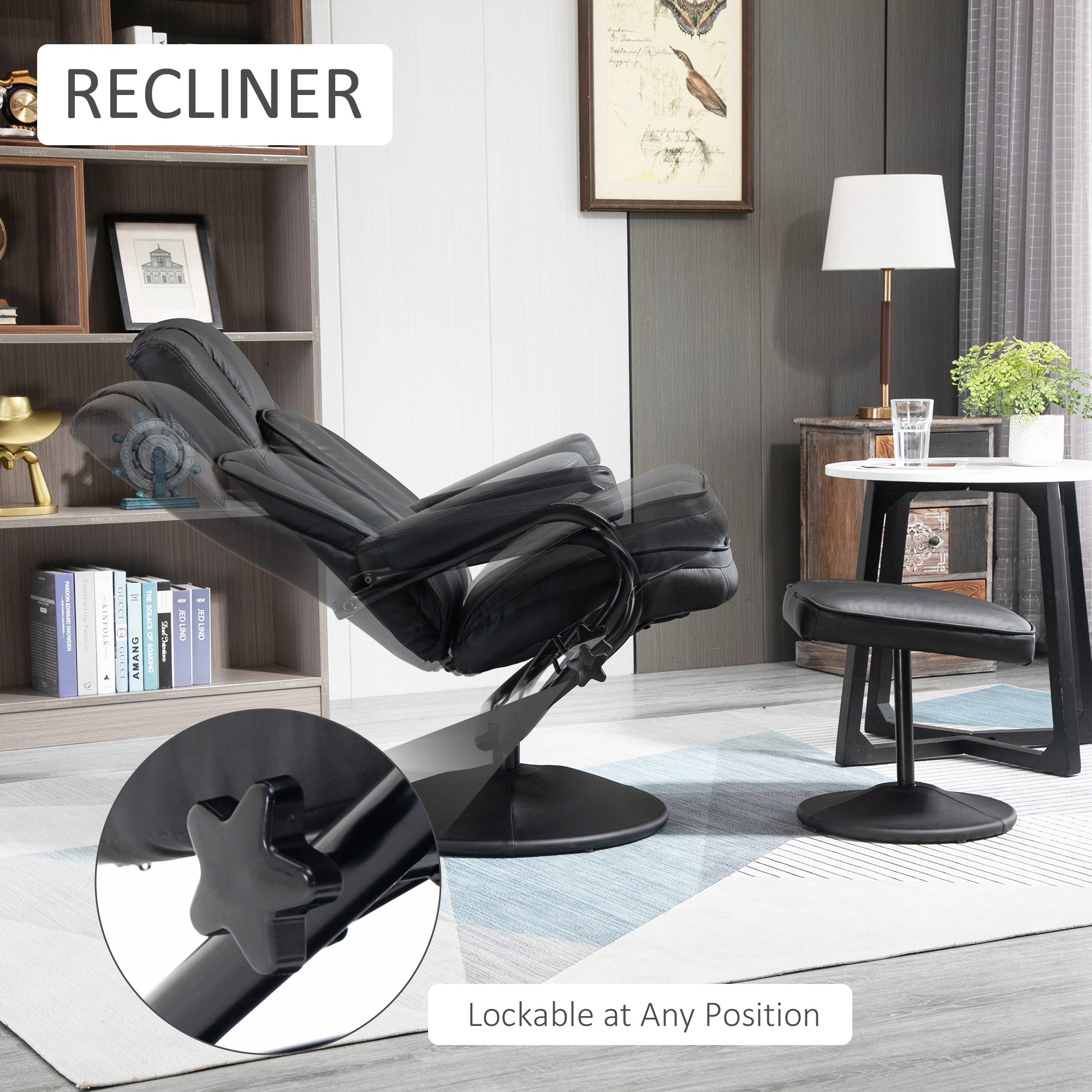 Swivel Recliner Manual PU Leather Armchair with Ottoman Footrest for Living Room Black