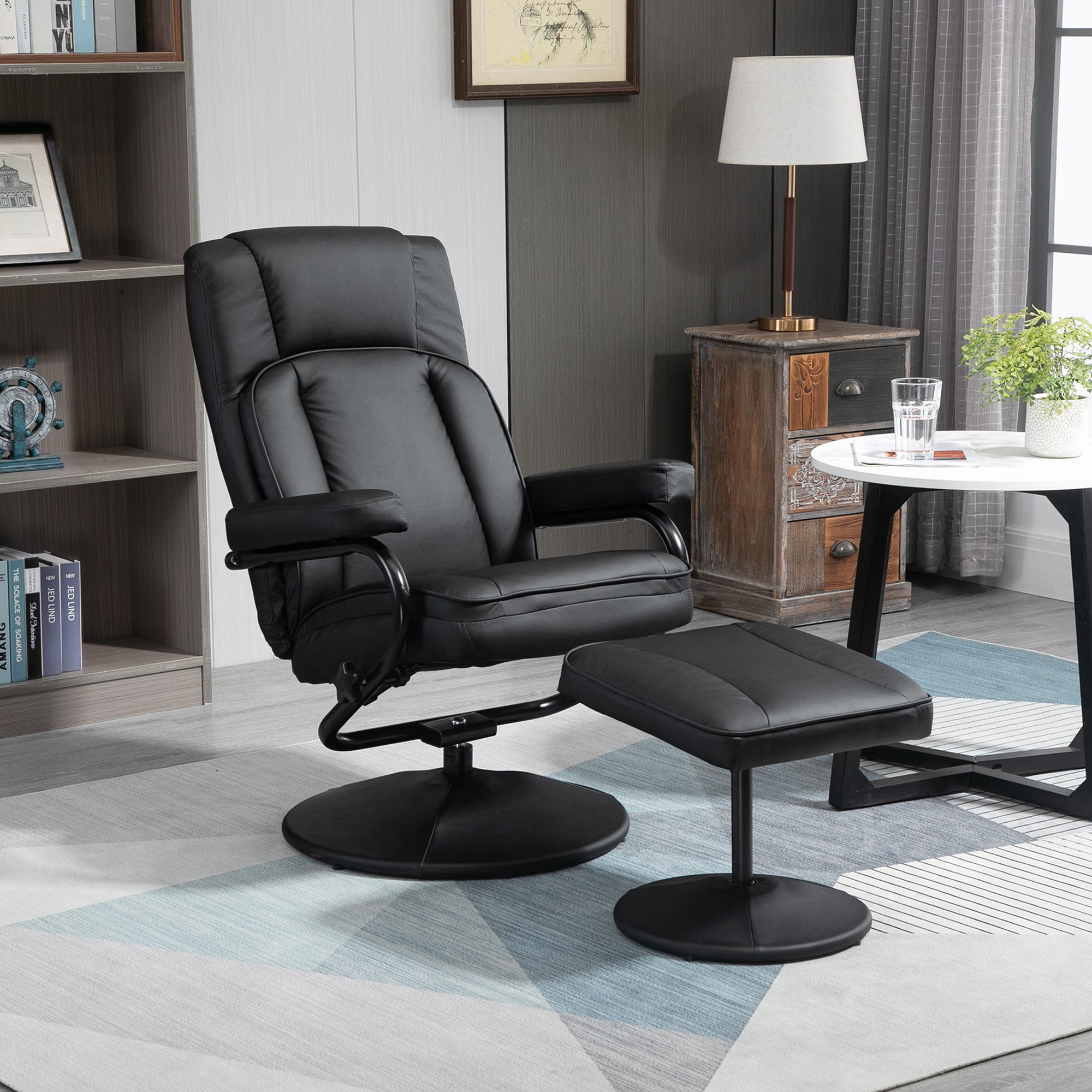 Swivel Recliner Manual PU Leather Armchair with Ottoman Footrest for Living Room Black
