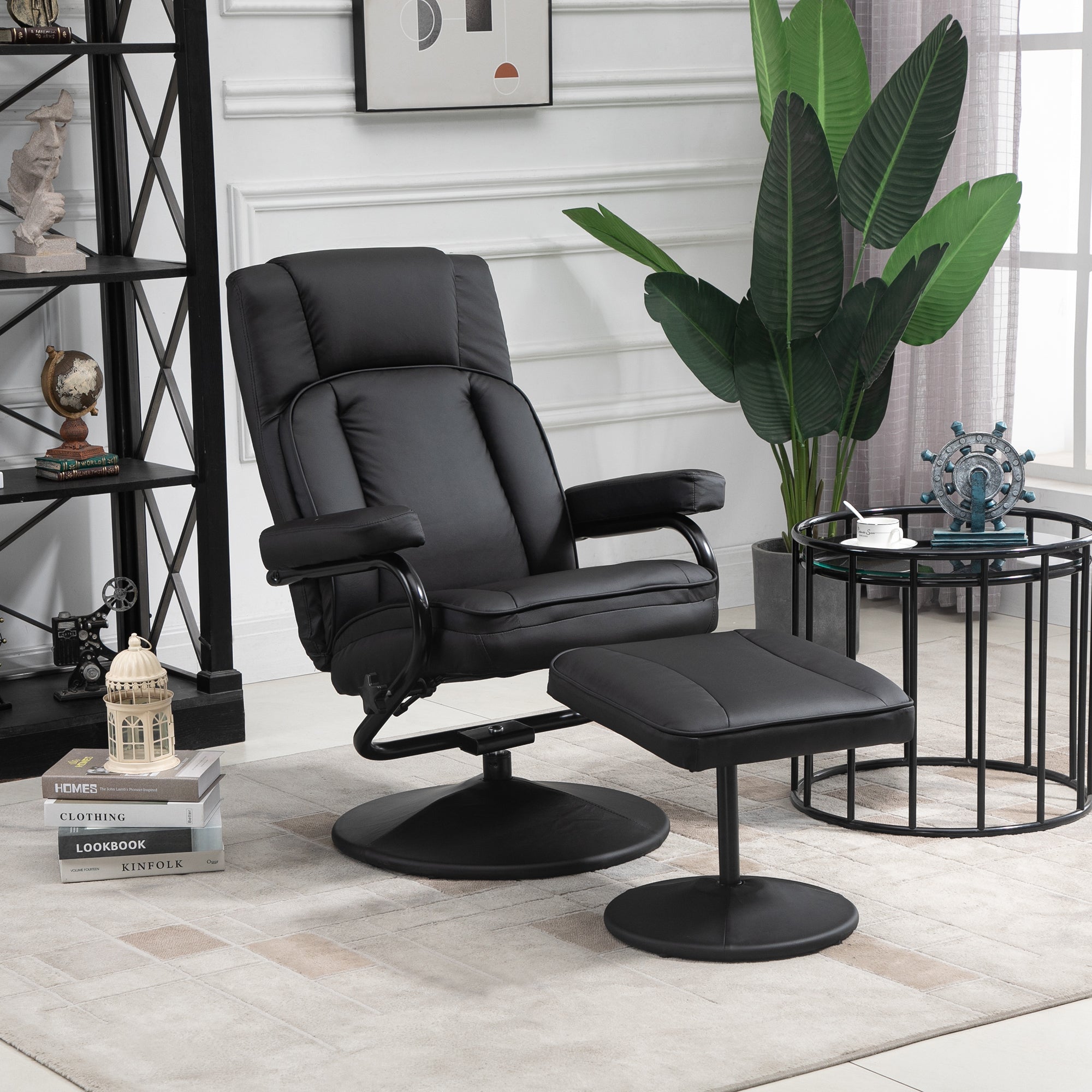 Swivel Recliner Manual PU Leather Armchair with Ottoman Footrest for Living Room Black