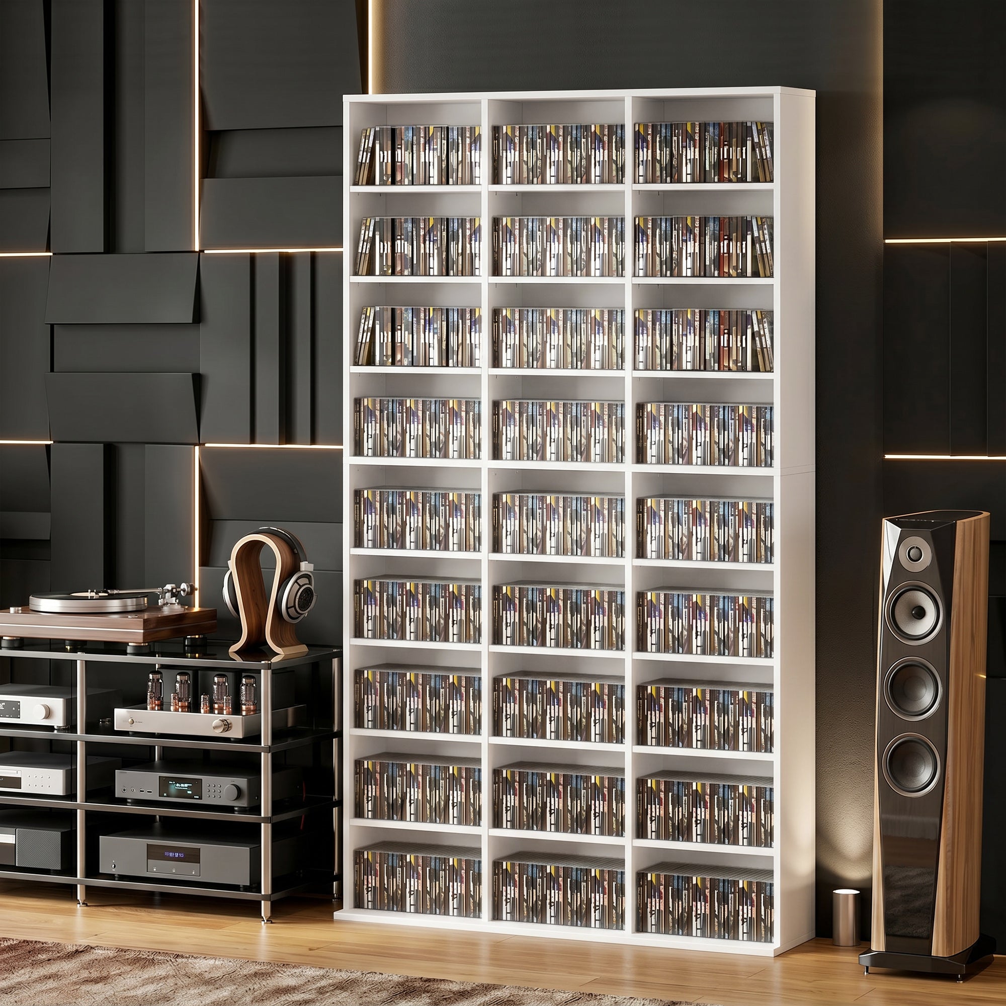 835 CD/500 DVD Storage Unit, Blu-ray Media Storage Shelf with 27 Compartments and 21 Adjustable Shelves, CD Tower for Living Room, Bedroom, Office, White