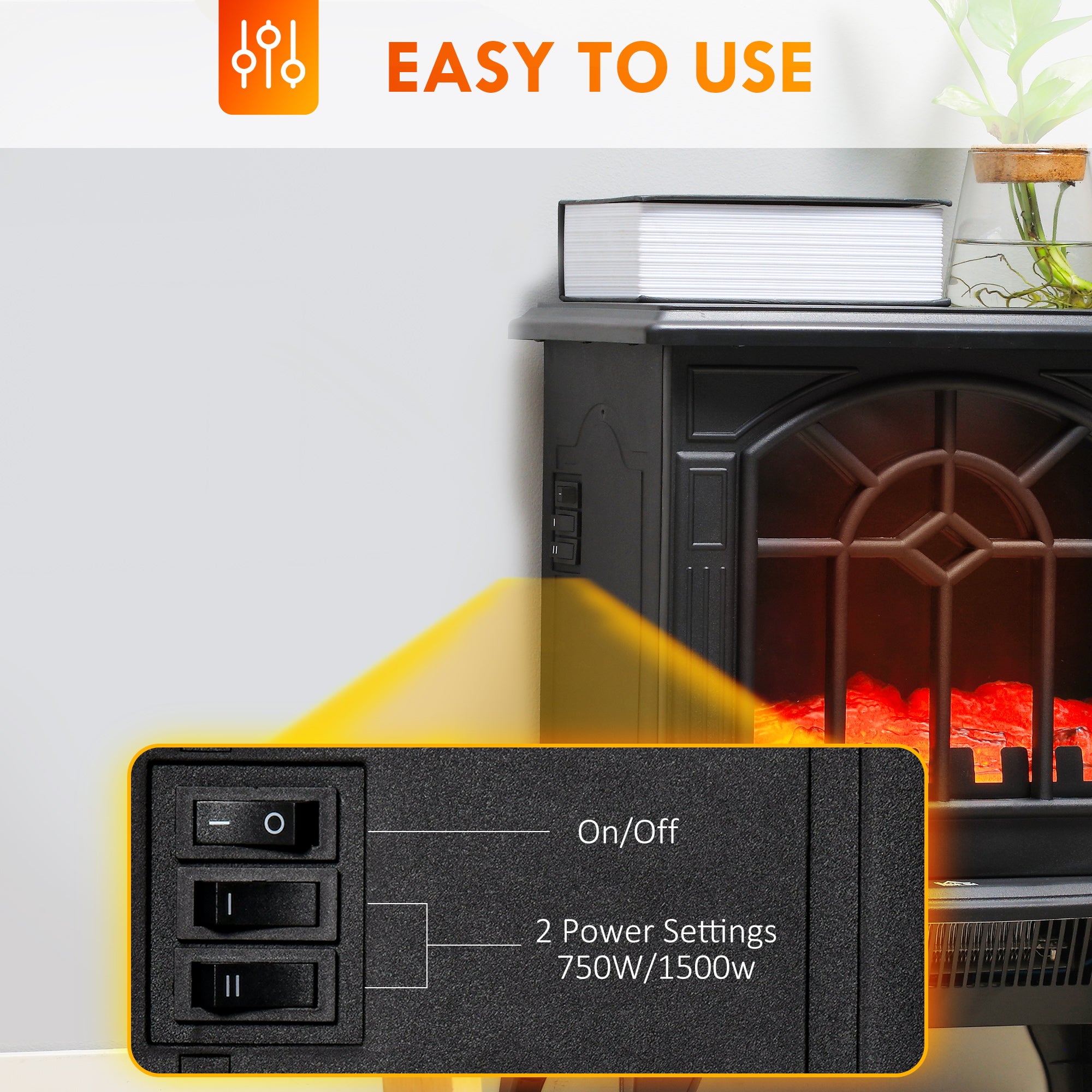 Electric Fireplace Heater with Flame Effect Overheating Protection 750W/1500W, Black