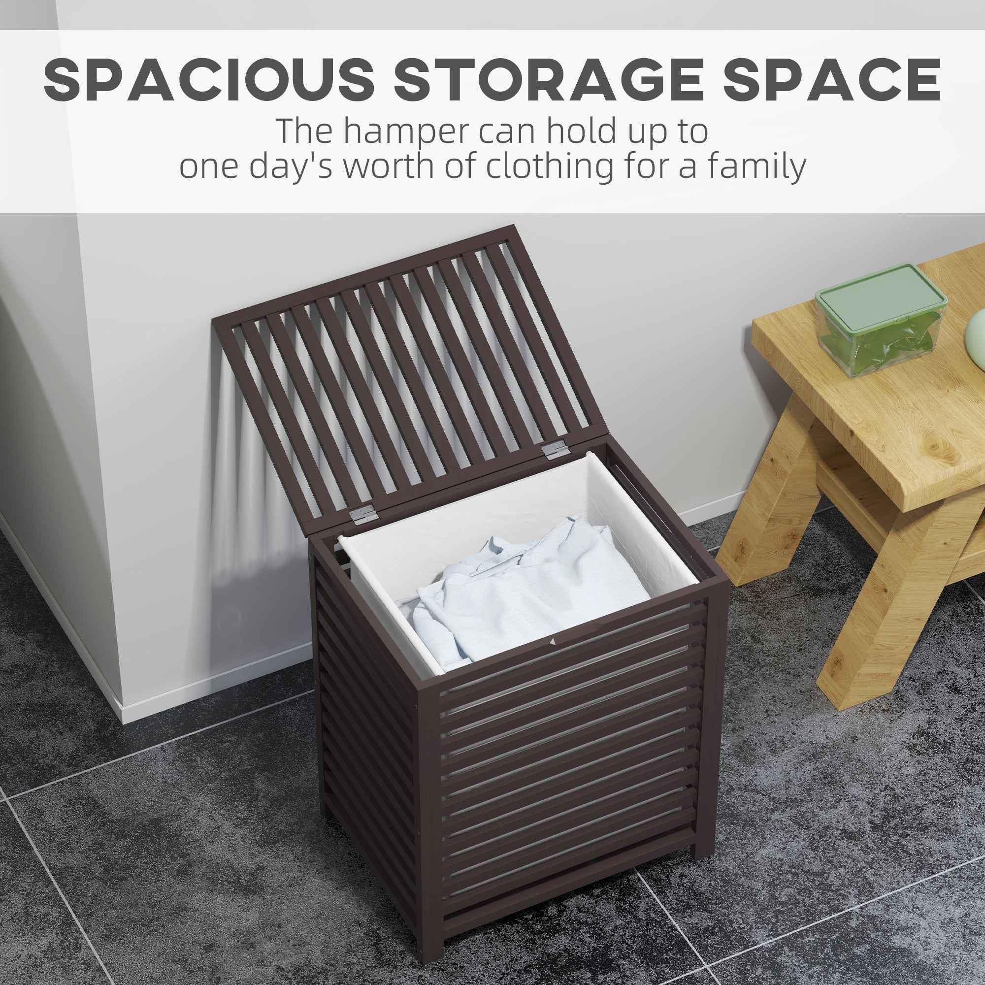 55 L Bamboo Laundry Basket w/ Lid & Removable Liner Bag, 19.75" x 14.25" x 23.5", Coffee