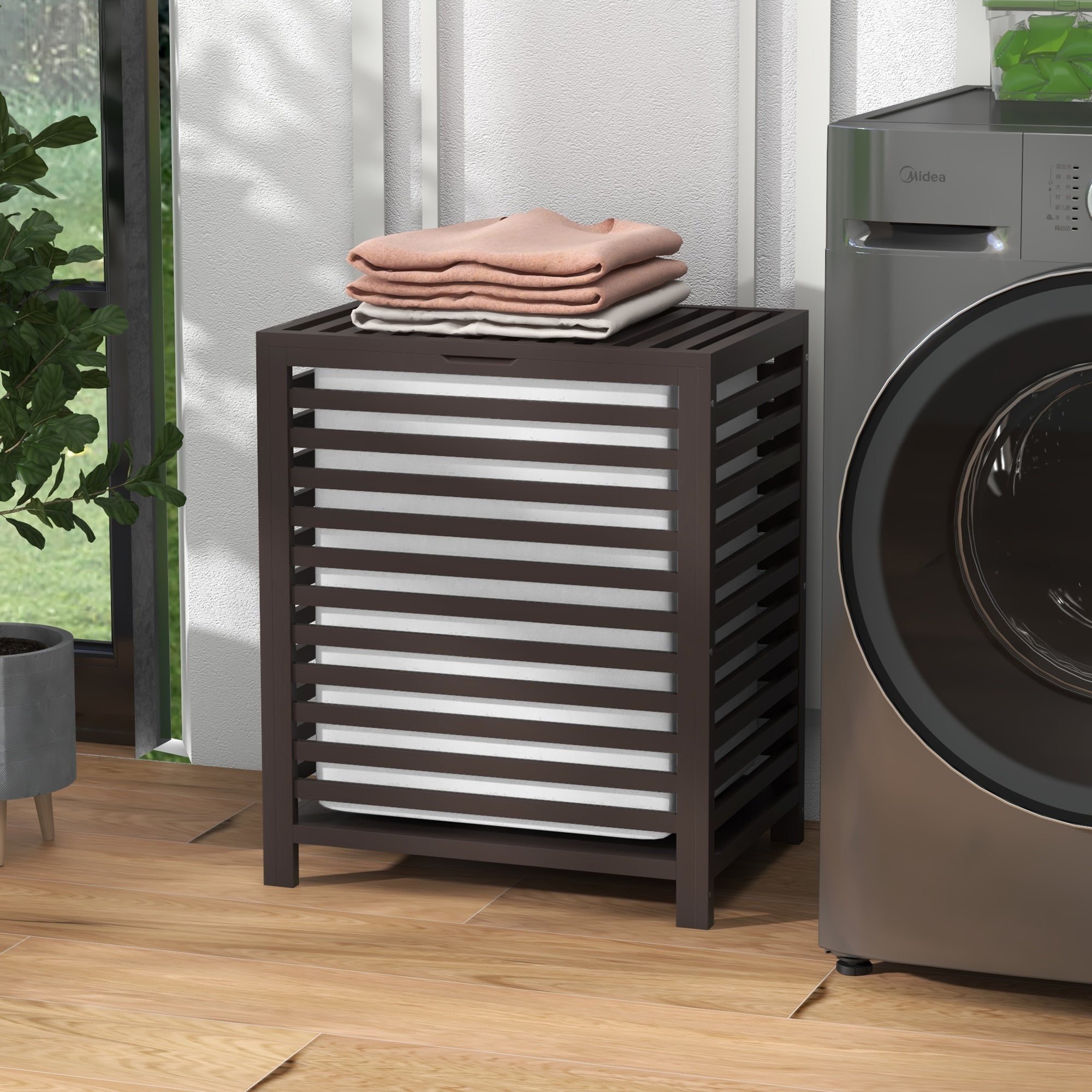 55 L Bamboo Laundry Basket w/ Lid & Removable Liner Bag, 19.75" x 14.25" x 23.5", Coffee