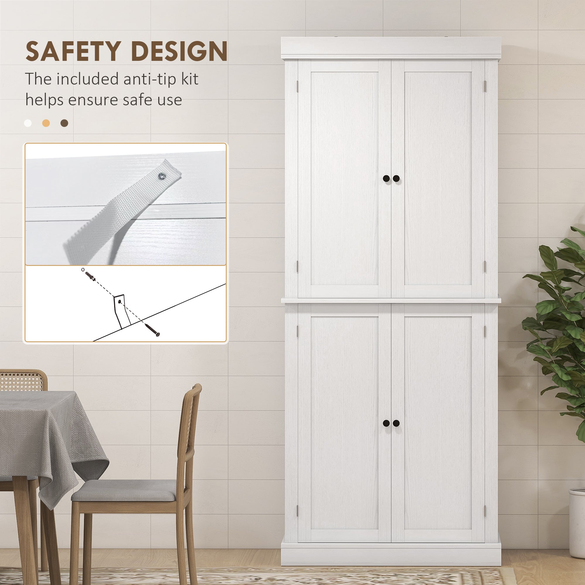 72" Freestanding Kitchen Pantry Storage Cabinet w/ Doors and Shelves, White Wood Grain