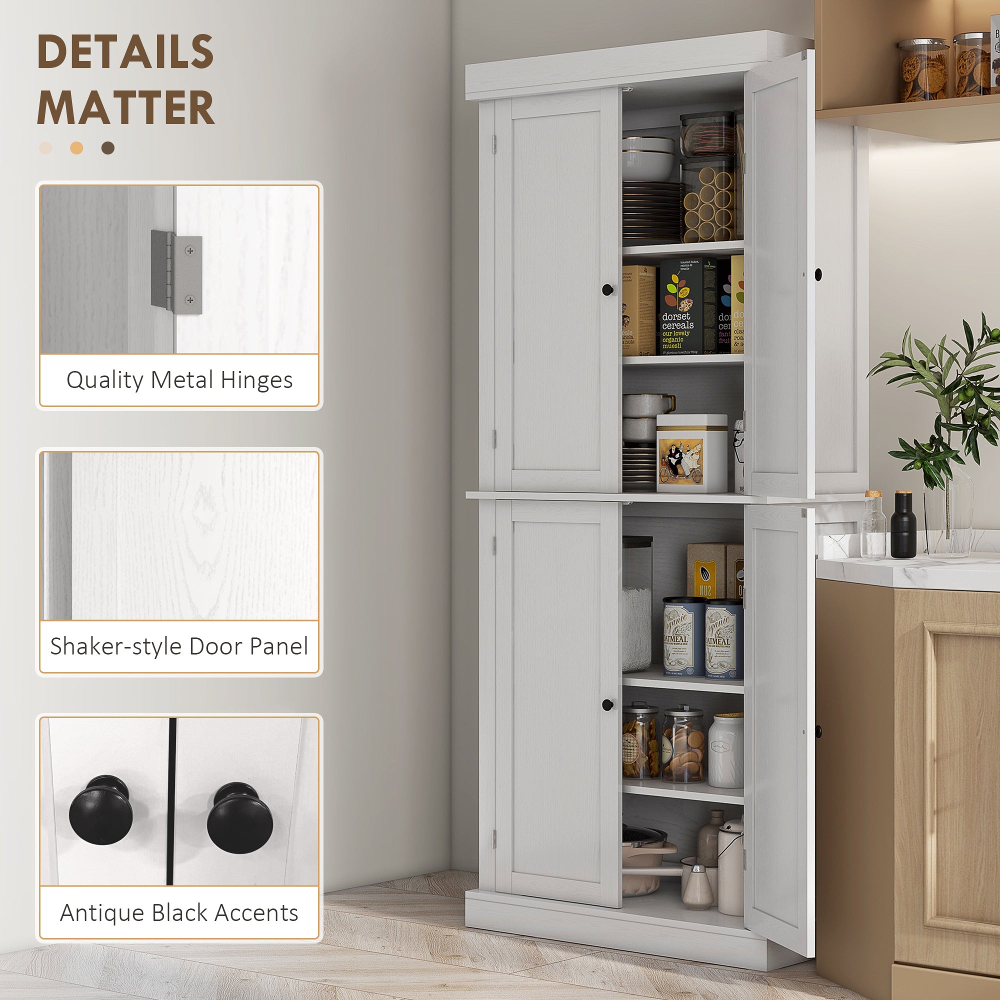 72" Freestanding Kitchen Pantry Storage Cabinet w/ Doors and Shelves, White Wood Grain