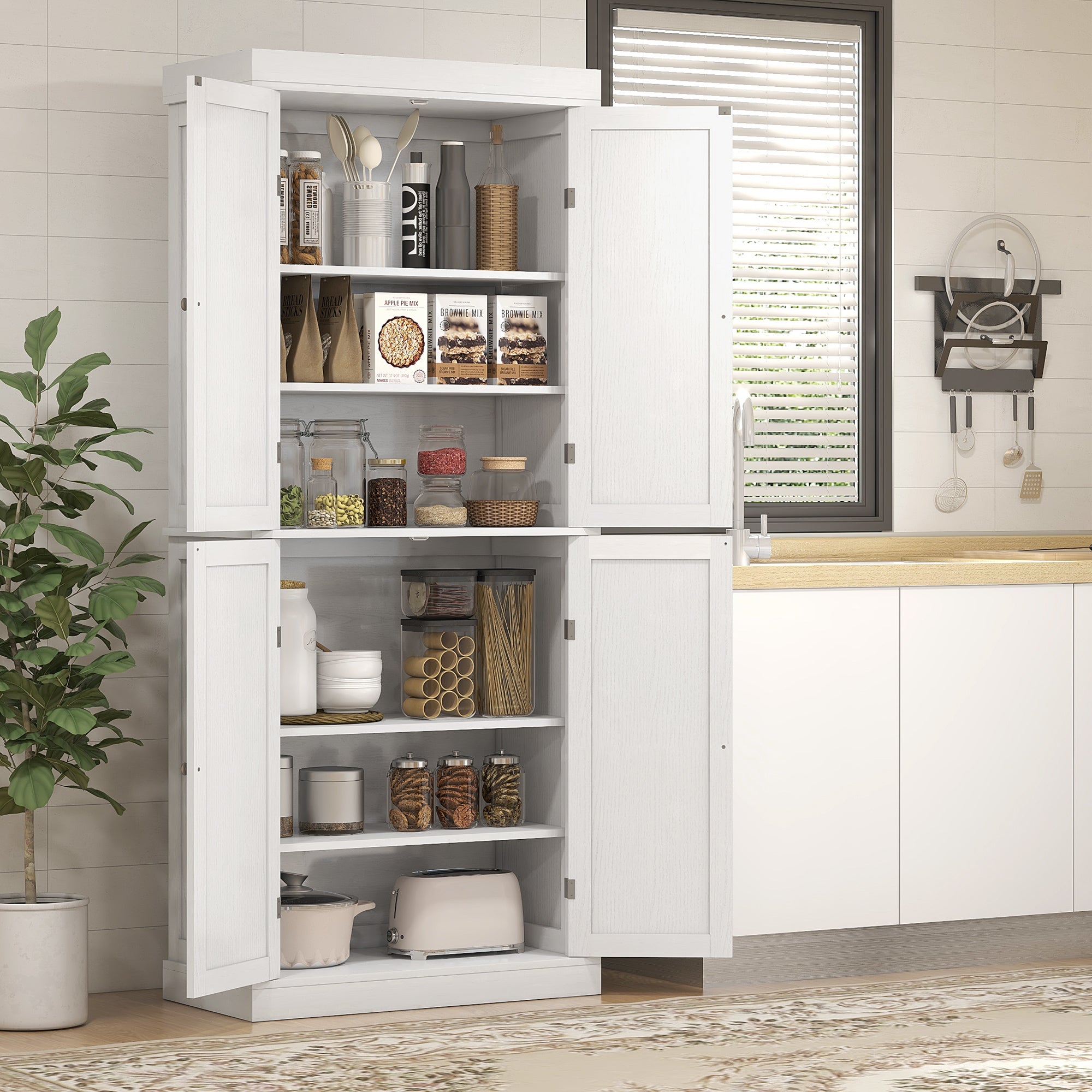 72" Freestanding Kitchen Pantry Storage Cabinet w/ Doors and Shelves, White Wood Grain