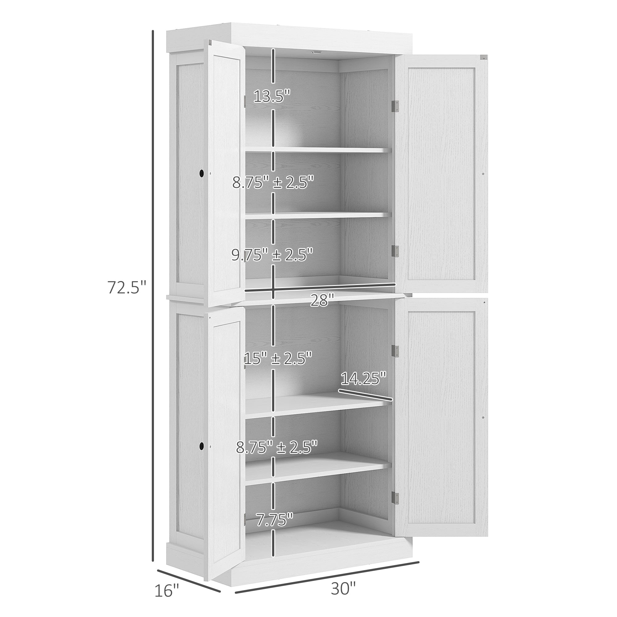 72" Freestanding Kitchen Pantry Storage Cabinet w/ Doors and Shelves, White Wood Grain