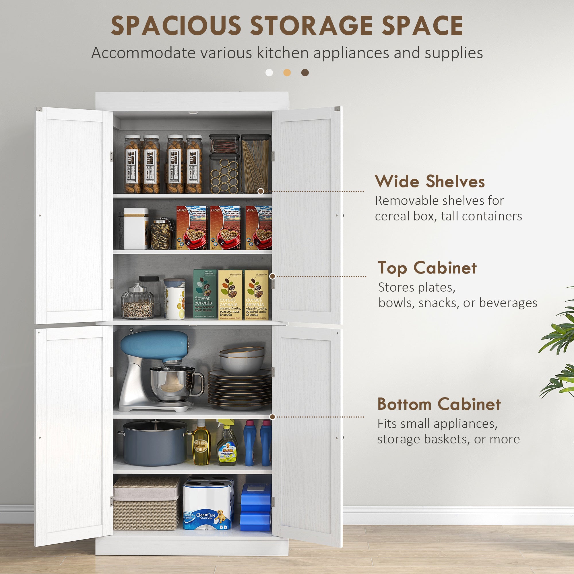 72" Freestanding Kitchen Pantry Storage Cabinet w/ Doors and Shelves, White Wood Grain