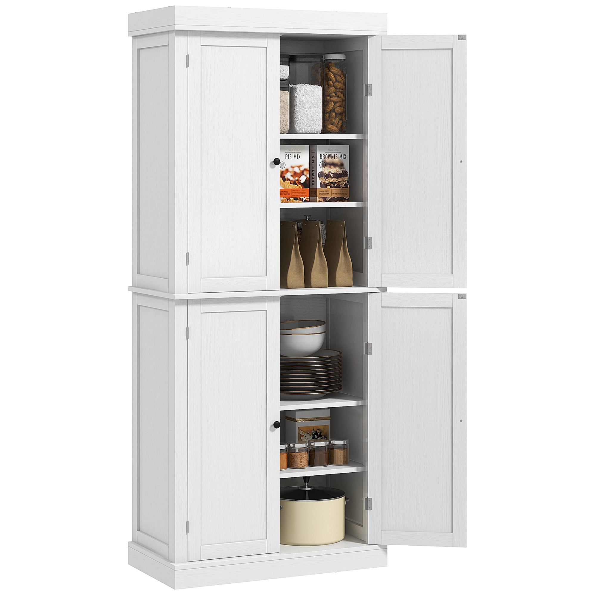 72" Freestanding Kitchen Pantry Storage Cabinet w/ Doors and Shelves, White Wood Grain