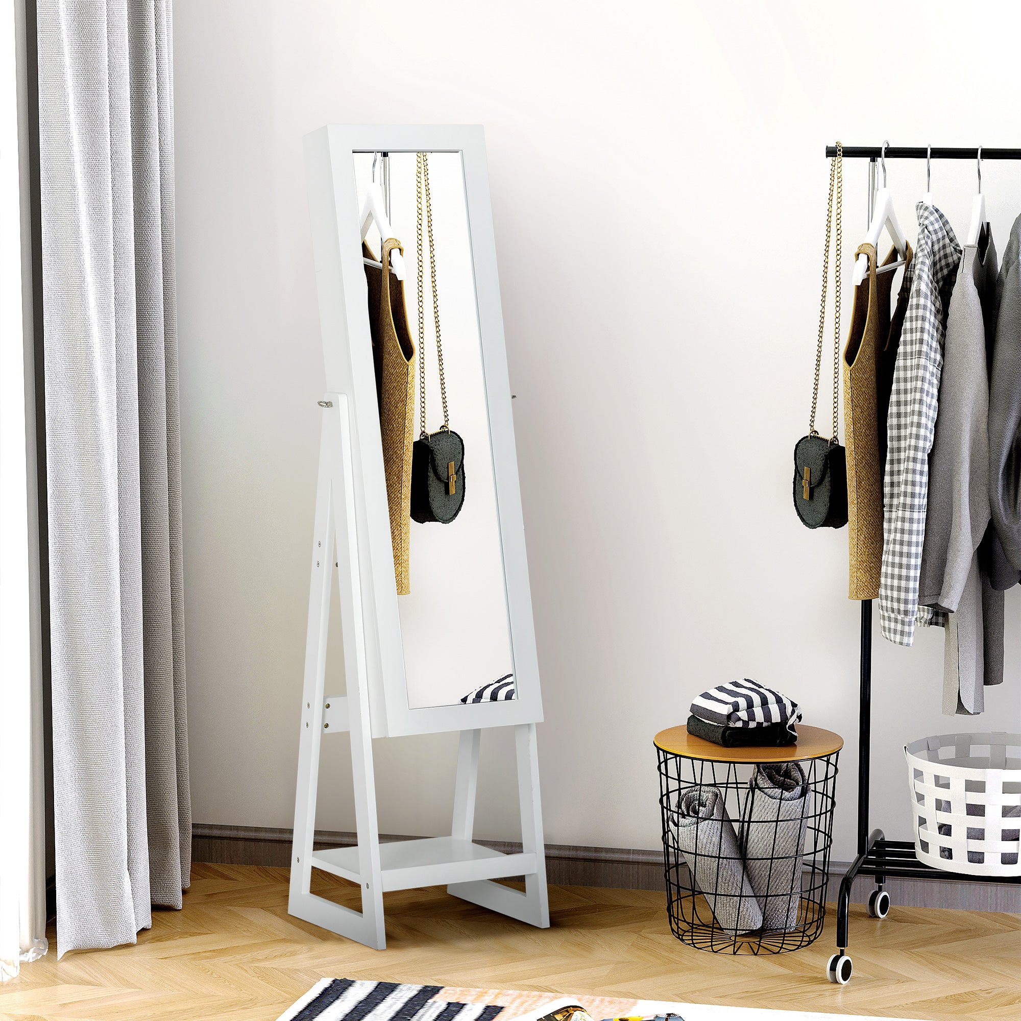 Jewellery Cabinet with Full-Length Mirror, Standing Jewelry Armoire with LED Light, Hooks, Slots, Shelves, Drawers, Folding Panel, Pencil Holders, Mirror with Storage, White