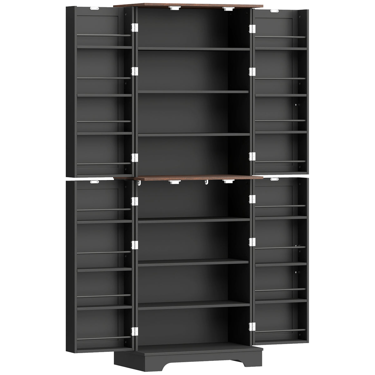 65" Tall Kitchen Pantry Cabinet, Adjustable Shelves, Farmhouse Storage Cabinet with 8 Shelves and 16 Door Racks, Freestanding Food Pantry, Barn Doors, Brown Black