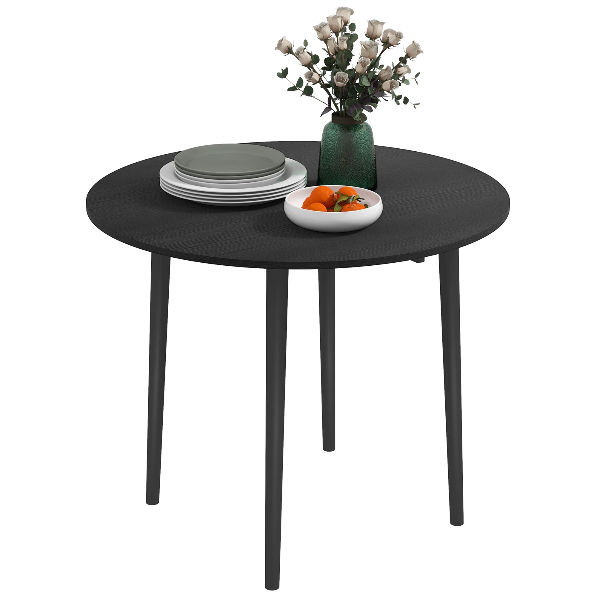 HOMCOM Folding Dining Table, Round Drop Leaf Table for Small Spaces, Foldable Table with Wood Legs for Kitchen, Dining Room, Distressed Black