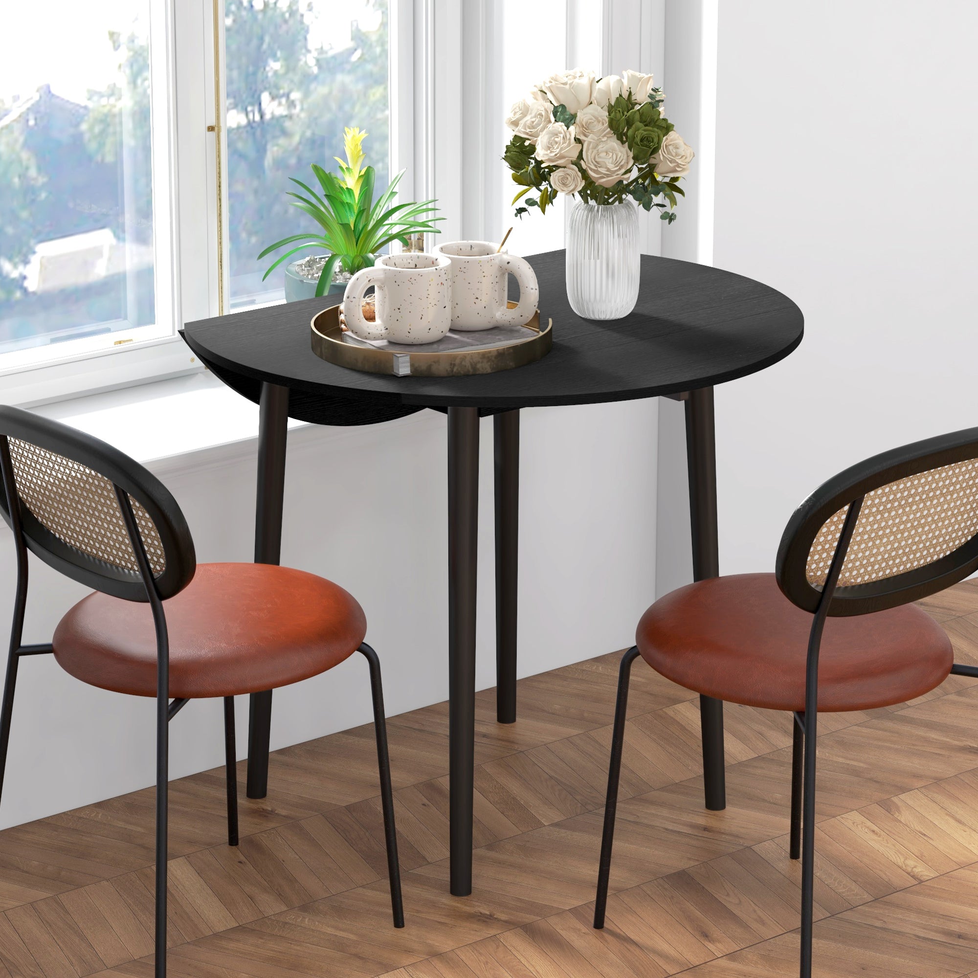 Folding Dining Table, Round Drop Leaf Kitchen Table for Small Spaces with Wood Legs, Black - HOMCOM
