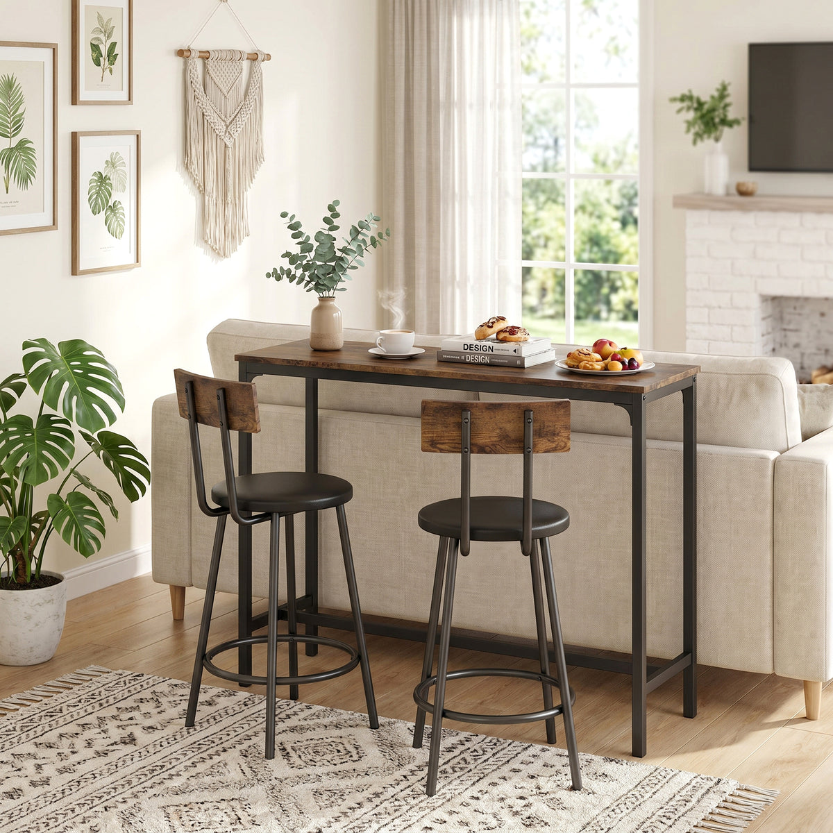 3 Piece Counter Height Bar Table Set, Kitchen Dining Table with 2 Upholstered Stools, Footrests, Space-Saving Pub Table & Chairs for Dining Room, Living Room, Rustic Brown