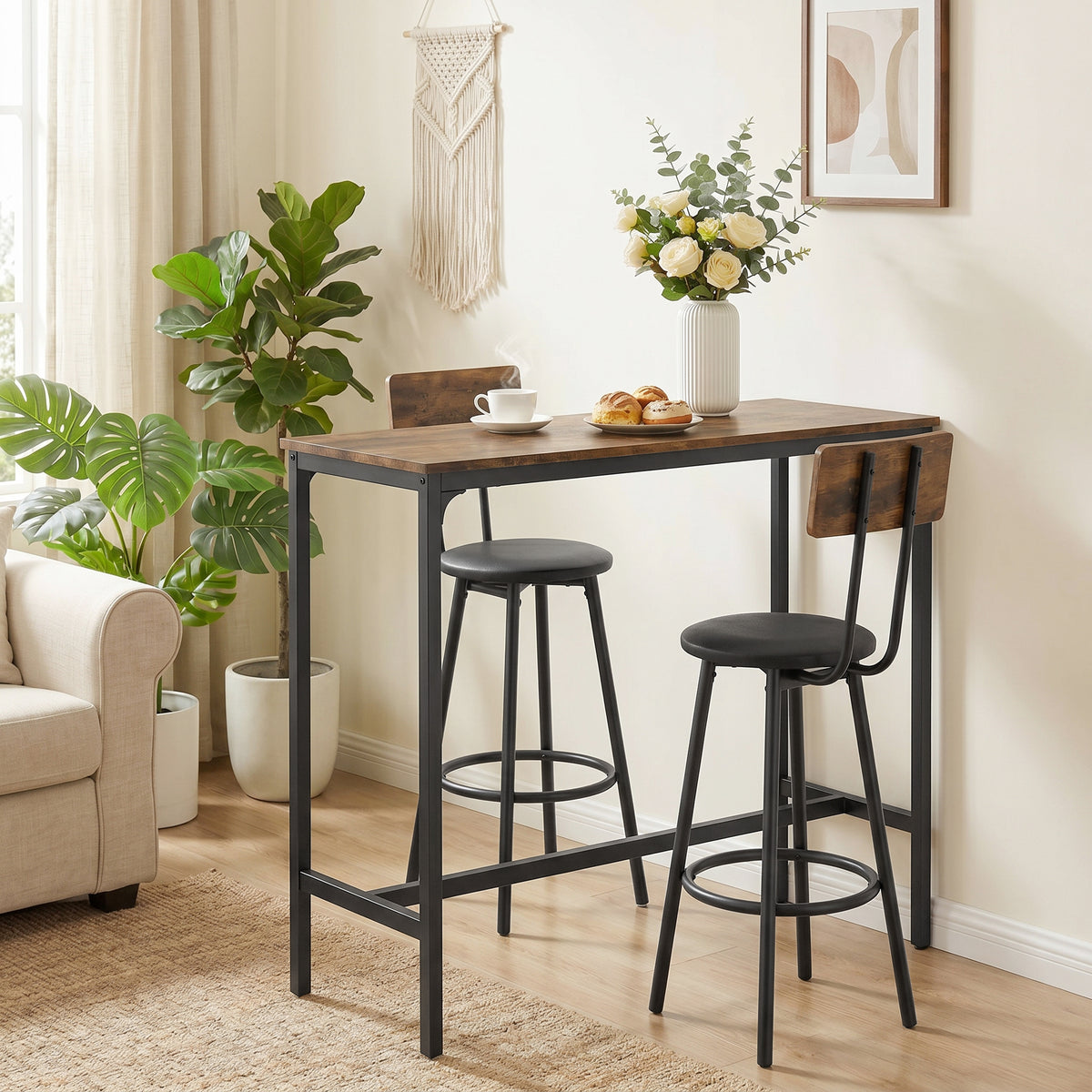 3 Piece Counter Height Bar Table Set, Kitchen Dining Table with 2 Upholstered Stools, Footrests, Space-Saving Pub Table & Chairs for Dining Room, Living Room, Rustic Brown