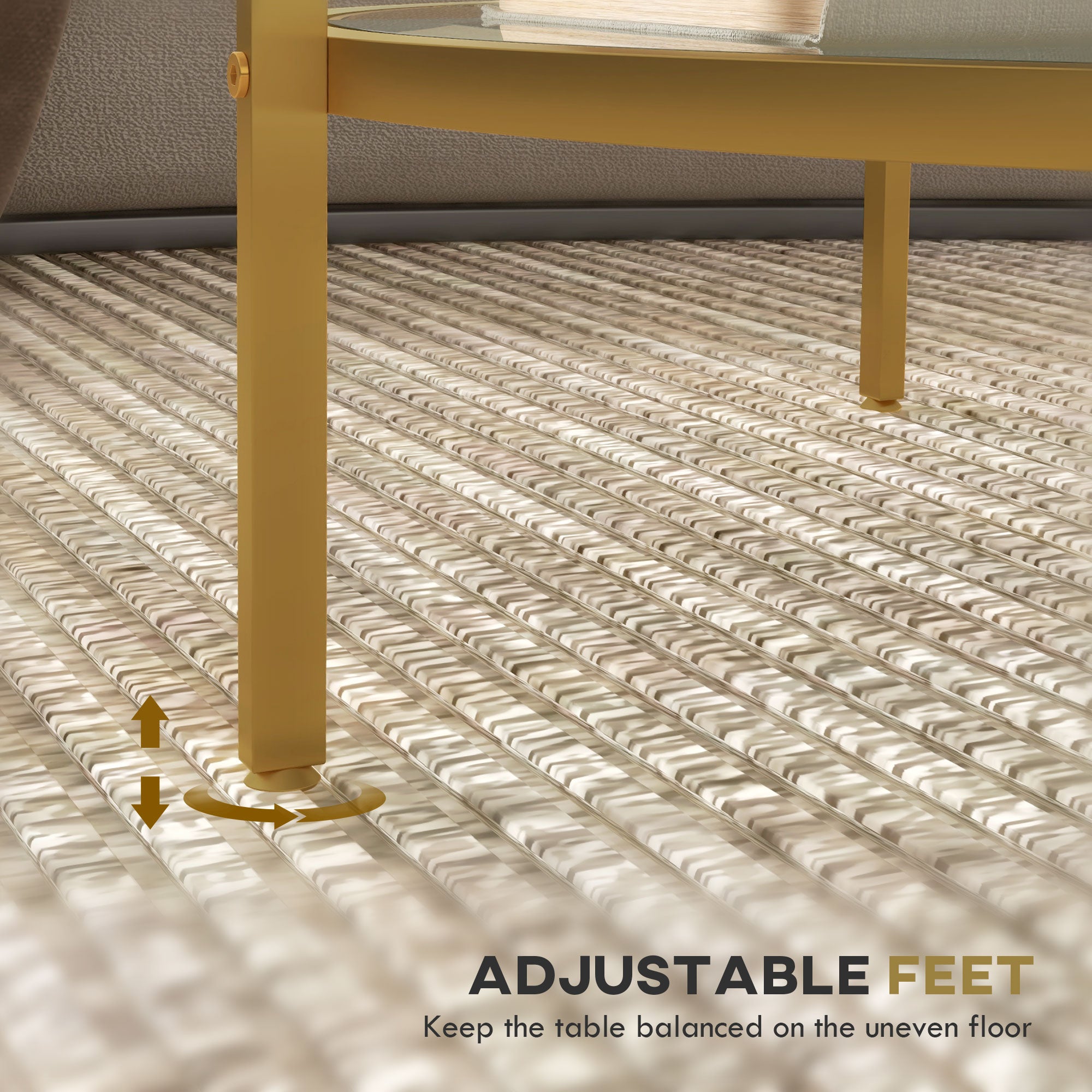 26" Round End Table w/ Storage, 2-Tier Tempered Glass Coffee Table w/ Steel Frame, Gold