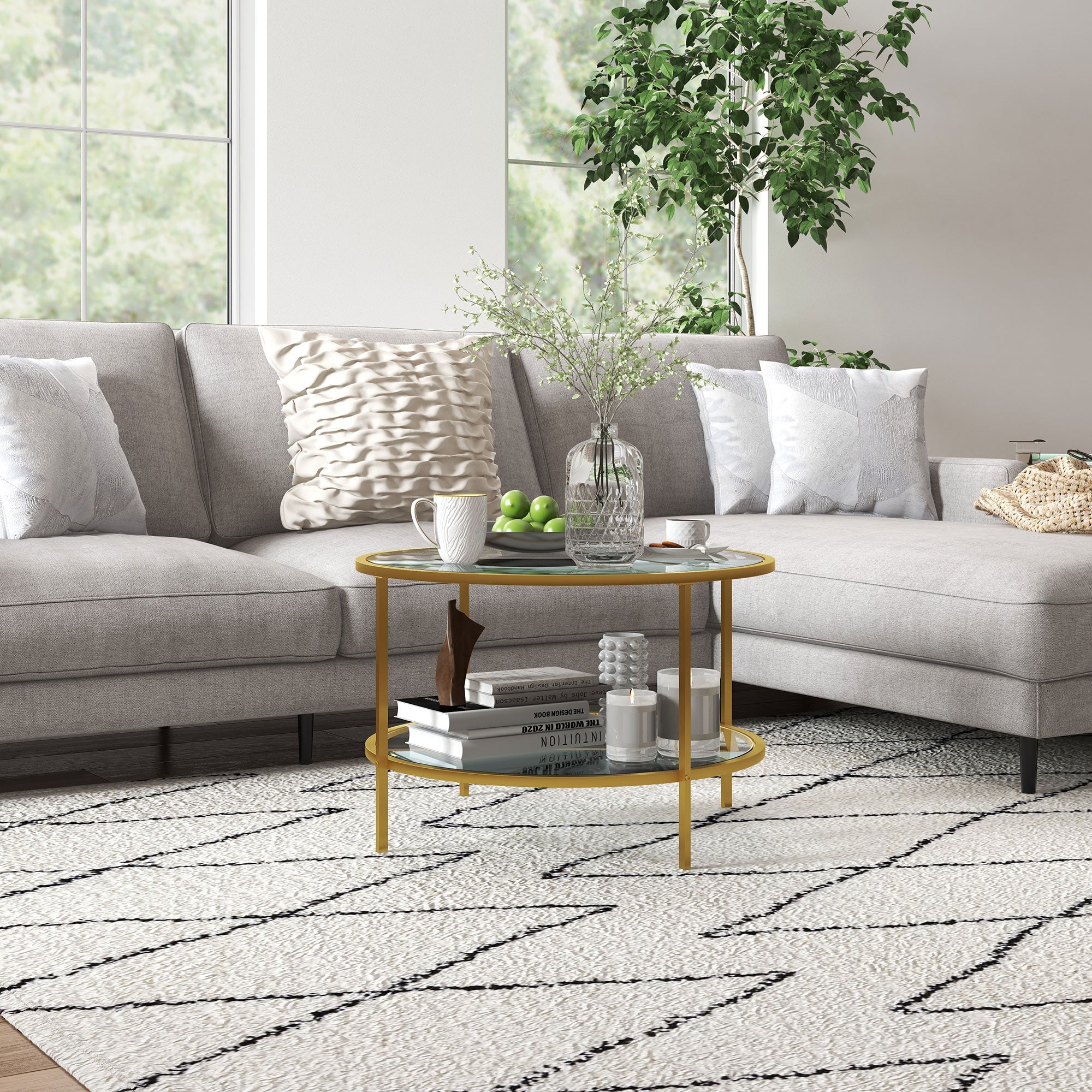 26" Round End Table w/ Storage, 2-Tier Tempered Glass Coffee Table w/ Steel Frame, Gold