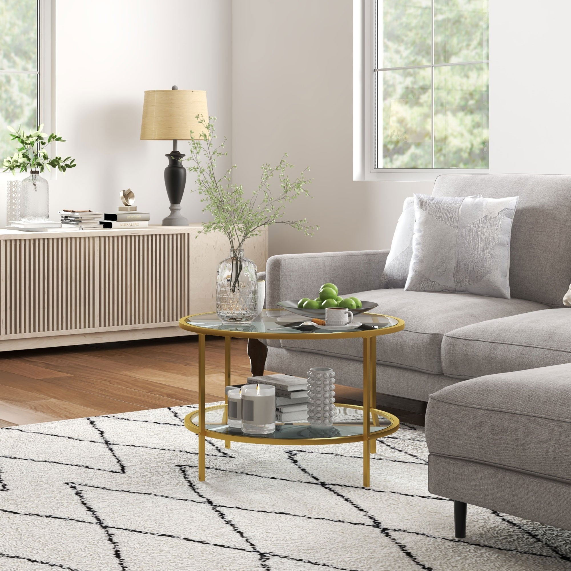 26" Round End Table w/ Storage, 2-Tier Tempered Glass Coffee Table w/ Steel Frame, Gold